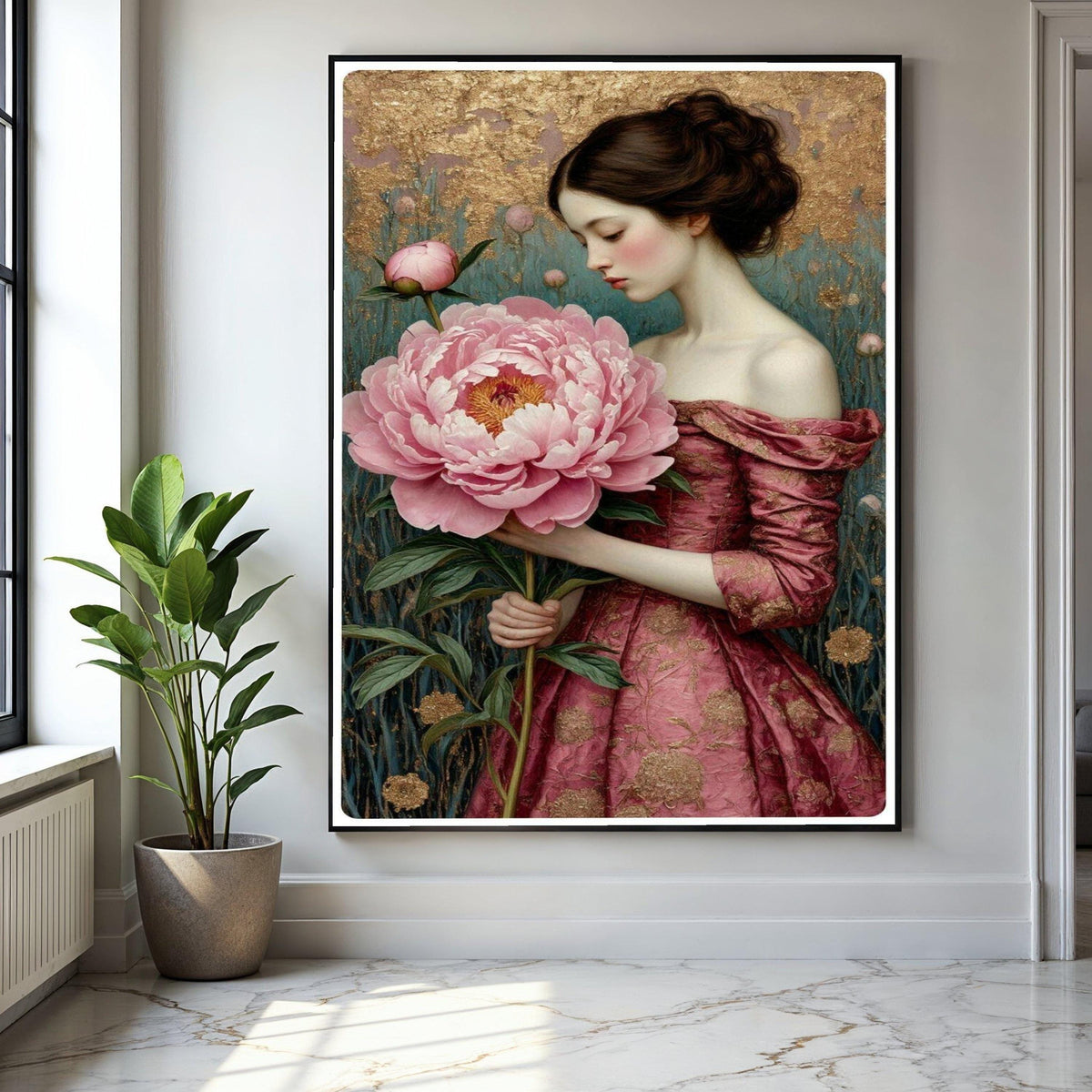 Elegant Woman with Giant Pink Peony, Romantic Floral Canvas, Vintage Style Portrait Wall Art, Home Decoration Gift Art, Home Decor, Print