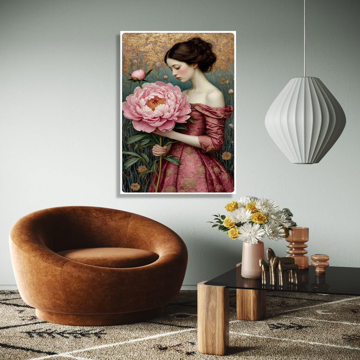 Elegant Woman with Giant Pink Peony, Romantic Floral Canvas, Vintage Style Portrait Wall Art, Home Decoration Gift Art, Home Decor, Print