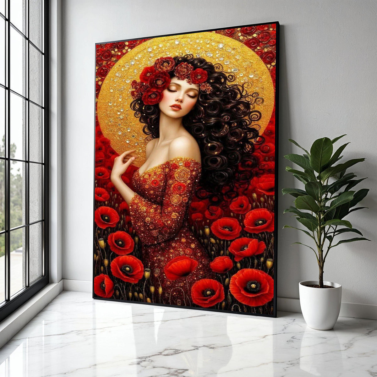 Elegant Red Floral Woman Portrait Canvas, Gold Halo Wall Art, Romantic Poppy Flower Design, Feminine Art Decor, Gift Art, Home Decor, Print