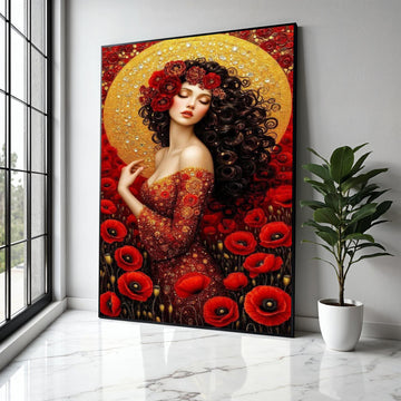 Elegant Red Floral Woman Portrait Canvas, Gold Halo Wall Art, Romantic Poppy Flower Design, Feminine Art Decor, Gift Art, Home Decor, Print