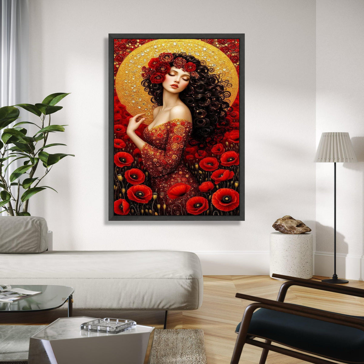 Elegant Red Floral Woman Portrait Canvas, Gold Halo Wall Art, Romantic Poppy Flower Design, Feminine Art Decor, Gift Art, Home Decor, Print