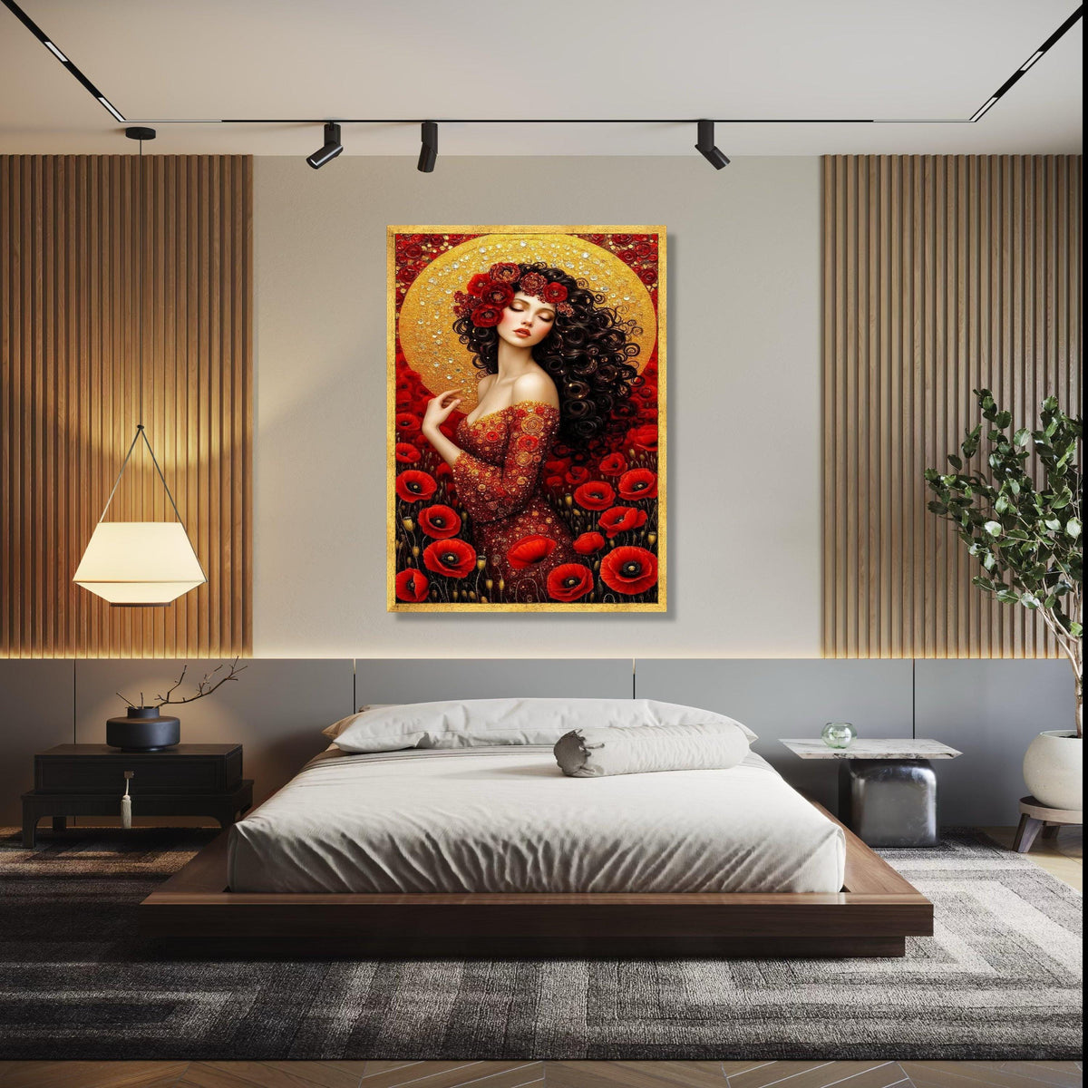 Elegant Red Floral Woman Portrait Canvas, Gold Halo Wall Art, Romantic Poppy Flower Design, Feminine Art Decor, Gift Art, Home Decor, Print
