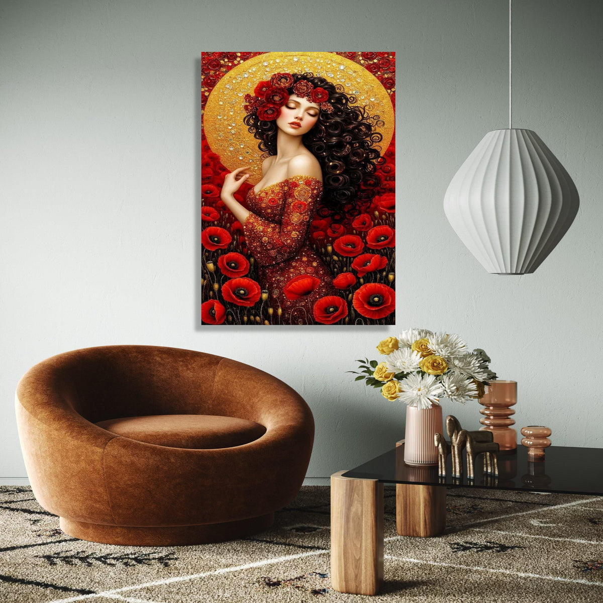 Elegant Red Floral Woman Portrait Canvas, Gold Halo Wall Art, Romantic Poppy Flower Design, Feminine Art Decor, Gift Art, Home Decor, Print