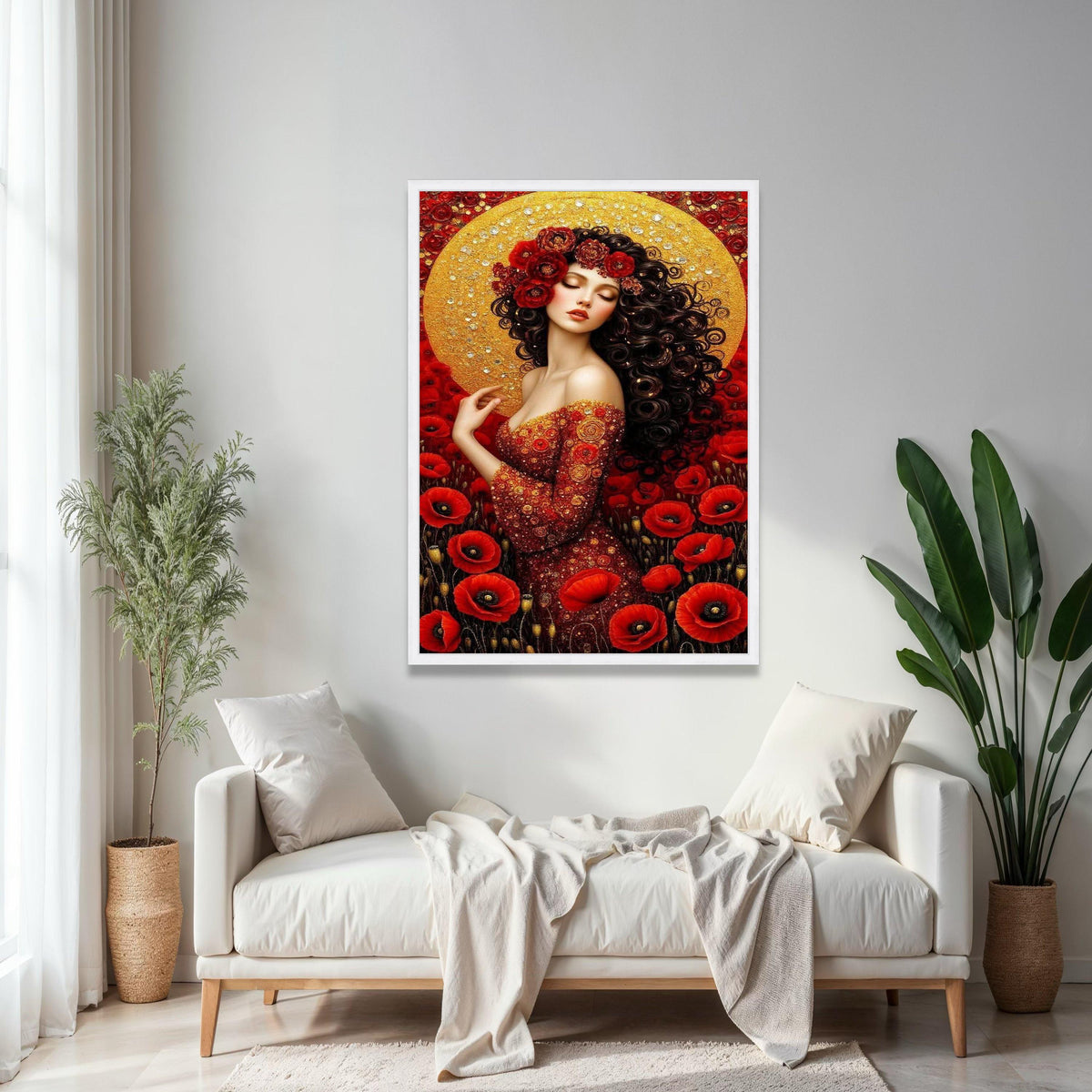 Elegant Red Floral Woman Portrait Canvas, Gold Halo Wall Art, Romantic Poppy Flower Design, Feminine Art Decor, Gift Art, Home Decor, Print