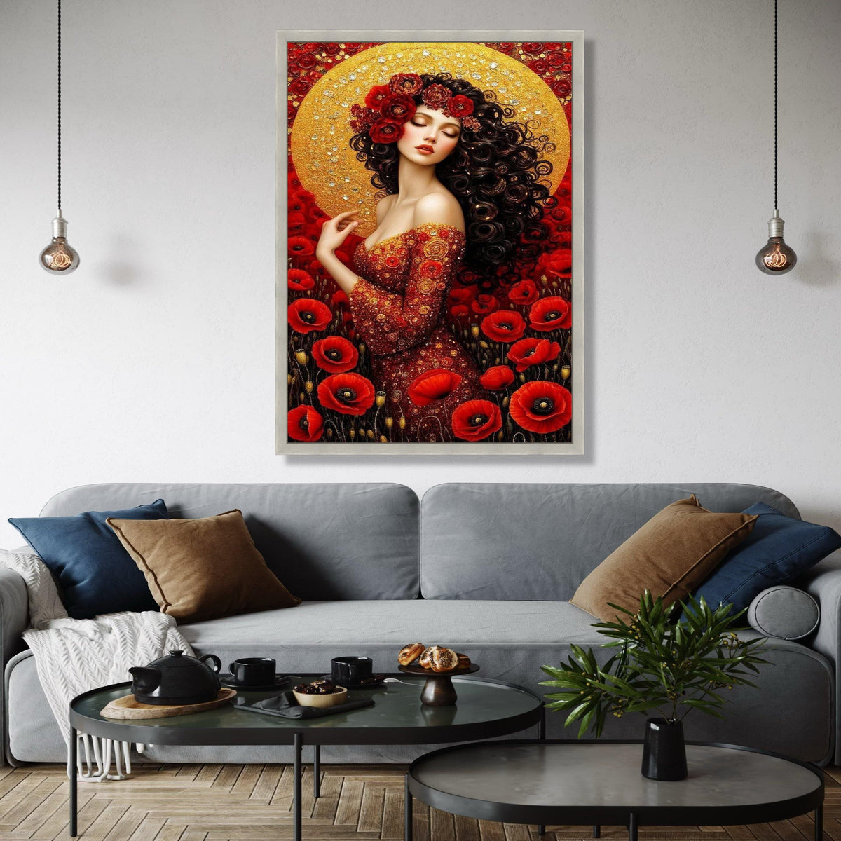 Elegant Red Floral Woman Portrait Canvas, Gold Halo Wall Art, Romantic Poppy Flower Design, Feminine Art Decor, Gift Art, Home Decor, Print
