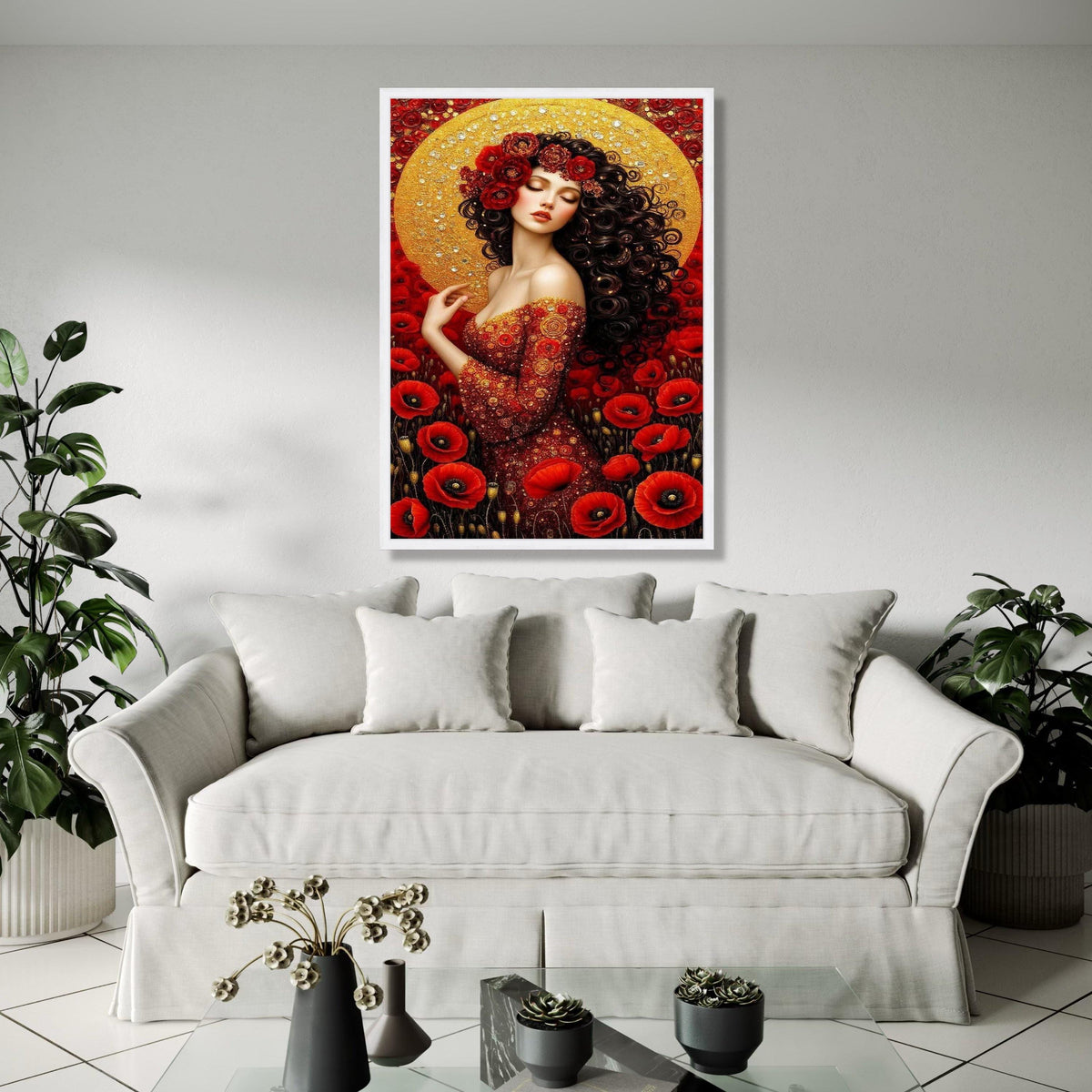 Elegant Red Floral Woman Portrait Canvas, Gold Halo Wall Art, Romantic Poppy Flower Design, Feminine Art Decor, Gift Art, Home Decor, Print