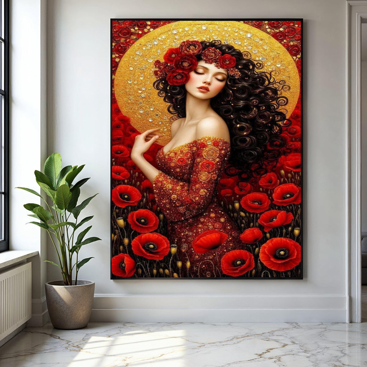 Elegant Red Floral Woman Portrait Canvas, Gold Halo Wall Art, Romantic Poppy Flower Design, Feminine Art Decor, Gift Art, Home Decor, Print