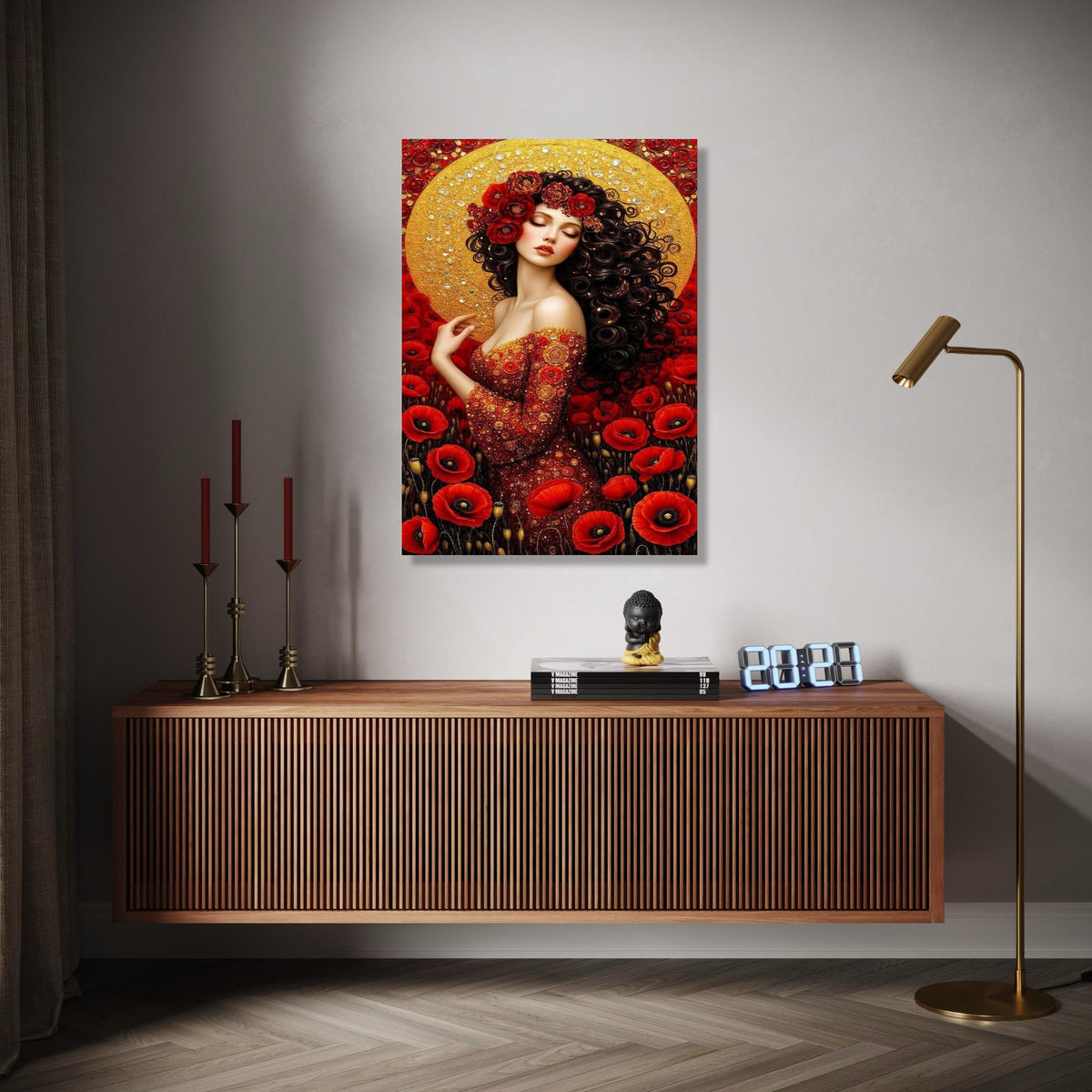 Elegant Red Floral Woman Portrait Canvas, Gold Halo Wall Art, Romantic Poppy Flower Design, Feminine Art Decor, Gift Art, Home Decor, Print