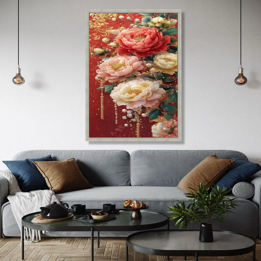 Luxurious Floral Canvas Wall Art, Elegant Peonies on Red Background, Decorative Pearl Accents, Gold Embellished Gift Art, Home Decor, Print