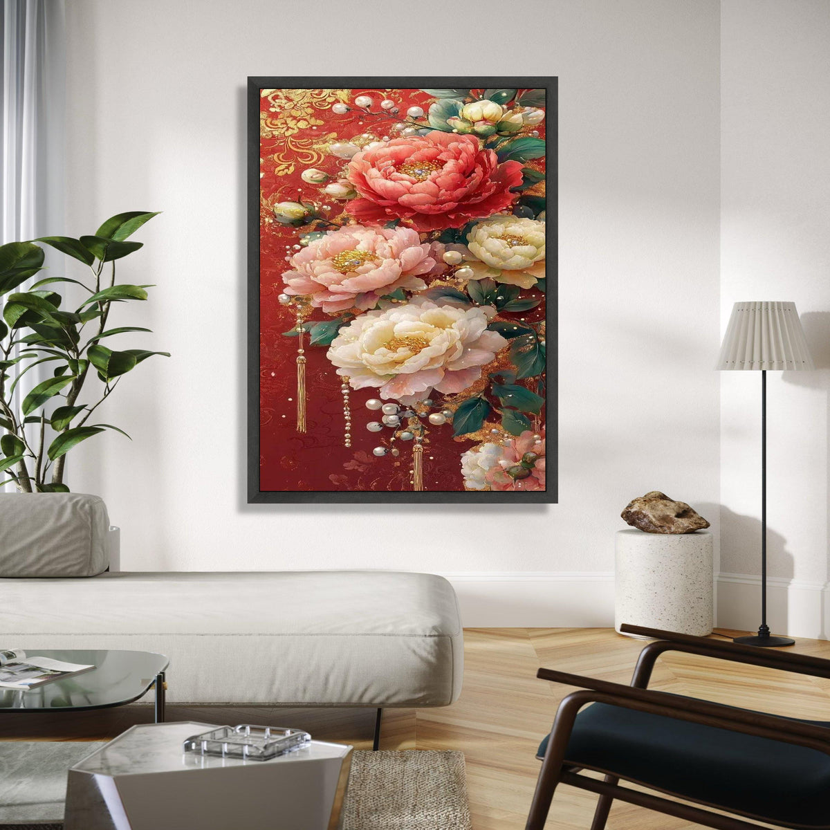 Luxurious Floral Canvas Wall Art, Elegant Peonies on Red Background, Decorative Pearl Accents, Gold Embellished Gift Art, Home Decor, Print