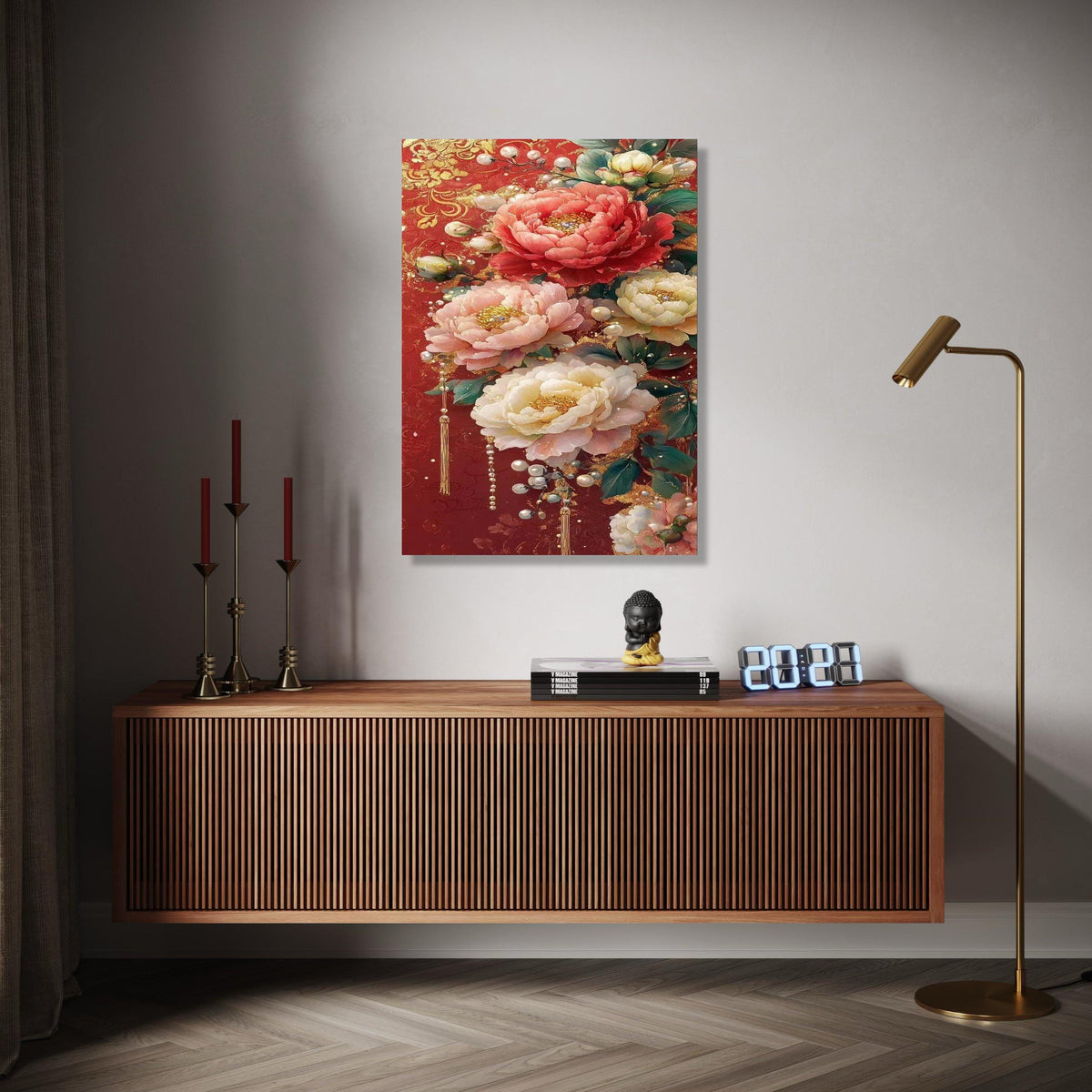 Luxurious Floral Canvas Wall Art, Elegant Peonies on Red Background, Decorative Pearl Accents, Gold Embellished Gift Art, Home Decor, Print