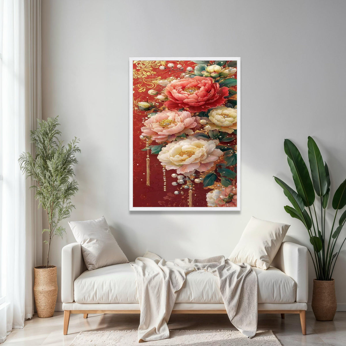 Luxurious Floral Canvas Wall Art, Elegant Peonies on Red Background, Decorative Pearl Accents, Gold Embellished Gift Art, Home Decor, Print