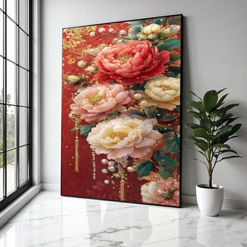 Luxurious Floral Canvas Wall Art, Elegant Peonies on Red Background, Decorative Pearl Accents, Gold Embellished Gift Art, Home Decor, Print