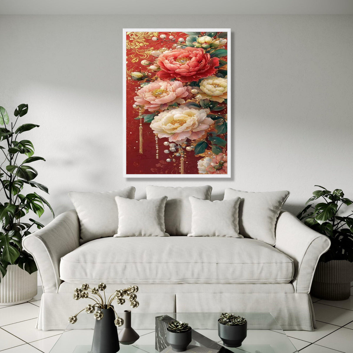 Luxurious Floral Canvas Wall Art, Elegant Peonies on Red Background, Decorative Pearl Accents, Gold Embellished Gift Art, Home Decor, Print
