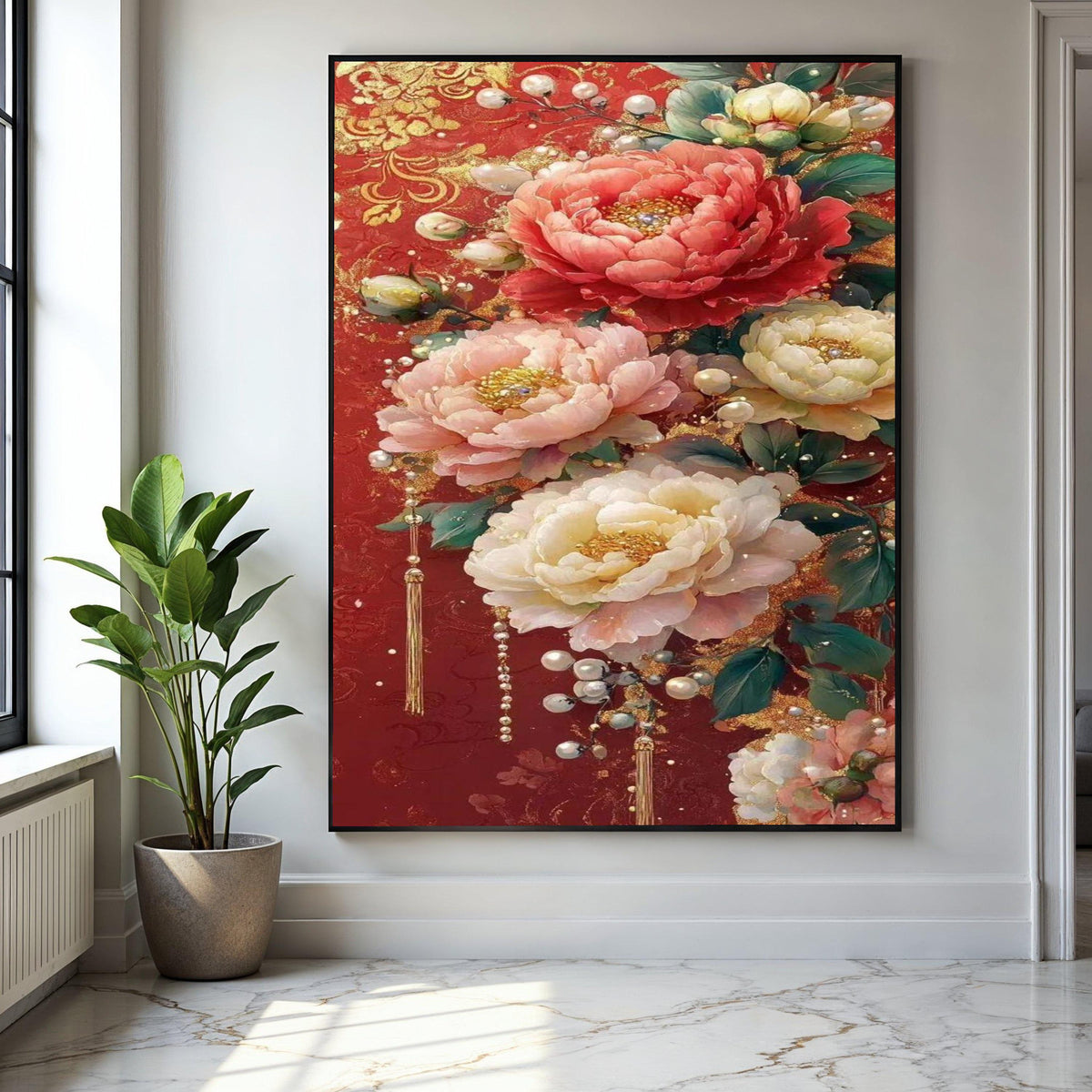 Luxurious Floral Canvas Wall Art, Elegant Peonies on Red Background, Decorative Pearl Accents, Gold Embellished Gift Art, Home Decor, Print