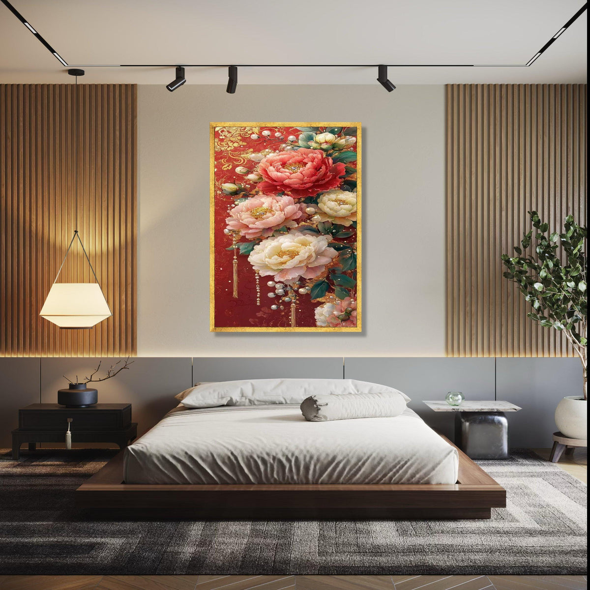 Luxurious Floral Canvas Wall Art, Elegant Peonies on Red Background, Decorative Pearl Accents, Gold Embellished Gift Art, Home Decor, Print
