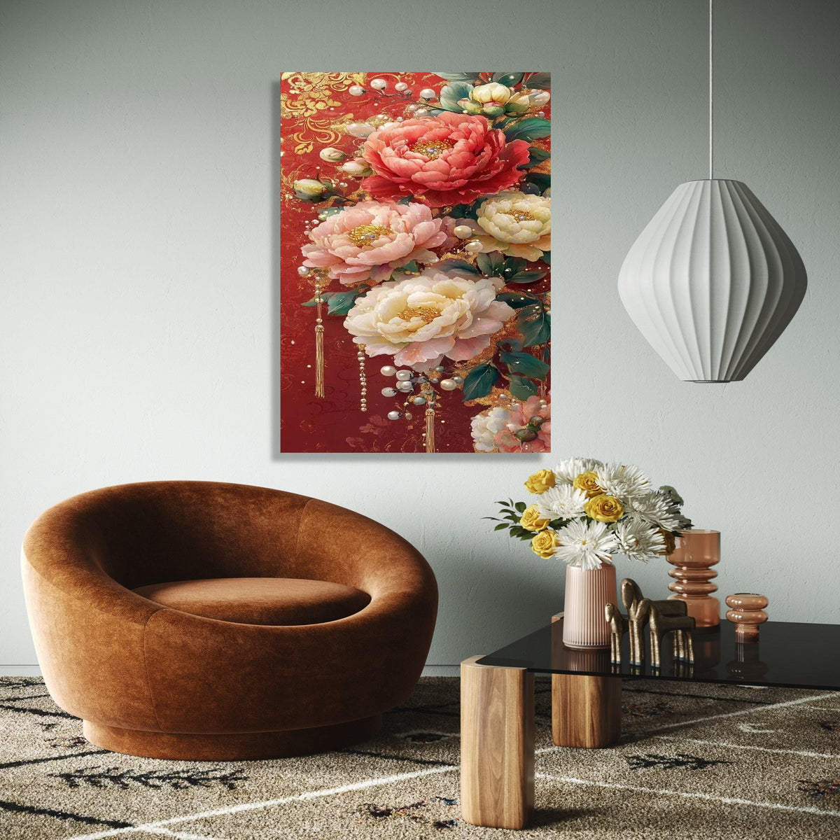 Luxurious Floral Canvas Wall Art, Elegant Peonies on Red Background, Decorative Pearl Accents, Gold Embellished Gift Art, Home Decor, Print
