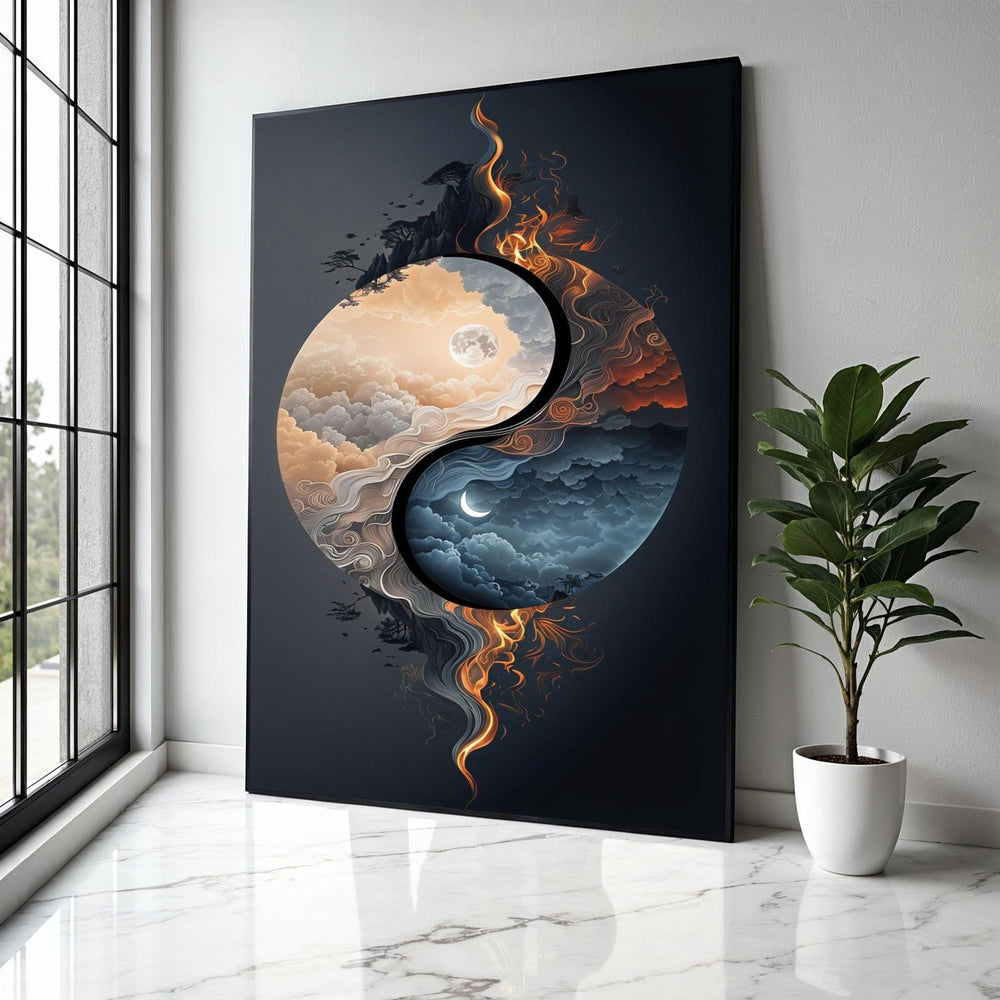 Yin Yang Moon Canvas Wall Art, Day and Night Clouds, Fire and Smoke Design, Spiritual Balance Canvas, Modern Gift Art, Home Decor, Print