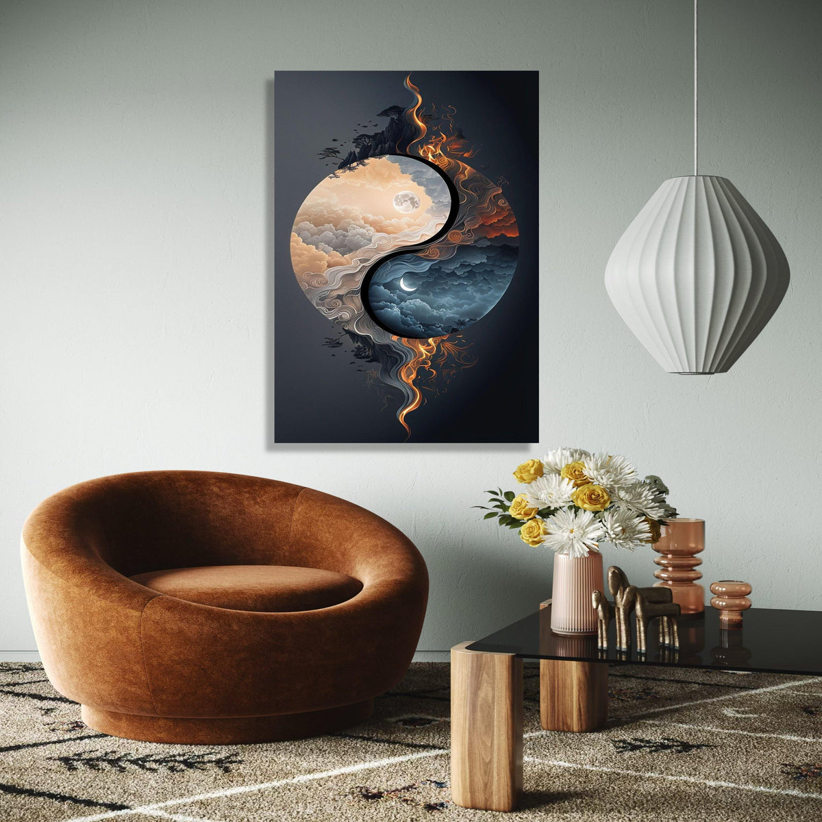 Yin Yang Moon Canvas Wall Art, Day and Night Clouds, Fire and Smoke Design, Spiritual Balance Canvas, Modern Gift Art, Home Decor, Print