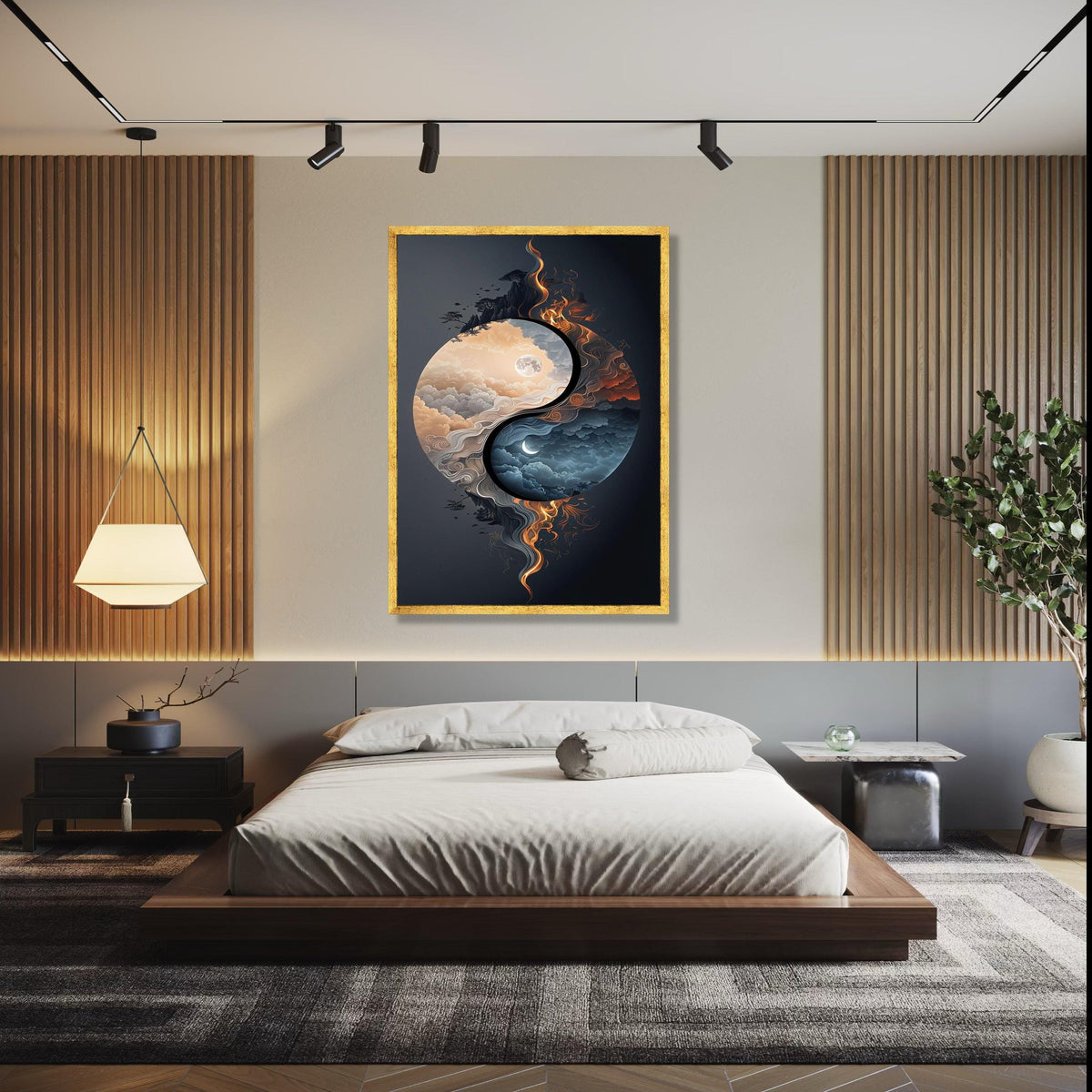 Yin Yang Moon Canvas Wall Art, Day and Night Clouds, Fire and Smoke Design, Spiritual Balance Canvas, Modern Gift Art, Home Decor, Print