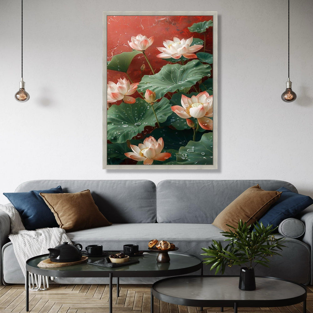 Elegant Lotus Flowers Canvas Wall Art, Water Droplets on Green Leaves, Floral Botanical Painting, Nature Gift Art, Home Decor, Print