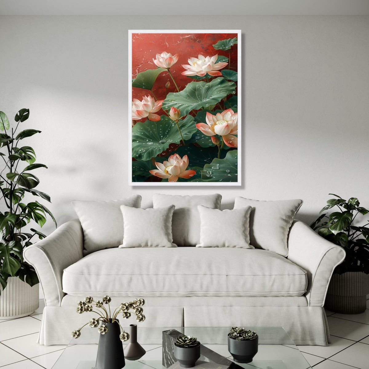 Elegant Lotus Flowers Canvas Wall Art, Water Droplets on Green Leaves, Floral Botanical Painting, Nature Gift Art, Home Decor, Print