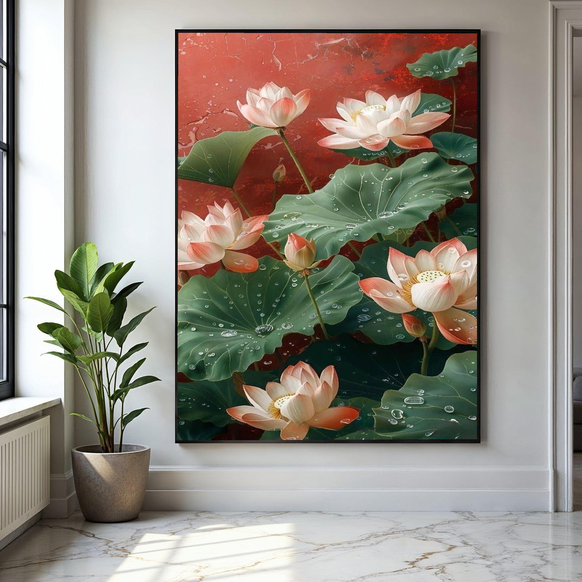 Elegant Lotus Flowers Canvas Wall Art, Water Droplets on Green Leaves, Floral Botanical Painting, Nature Gift Art, Home Decor, Print
