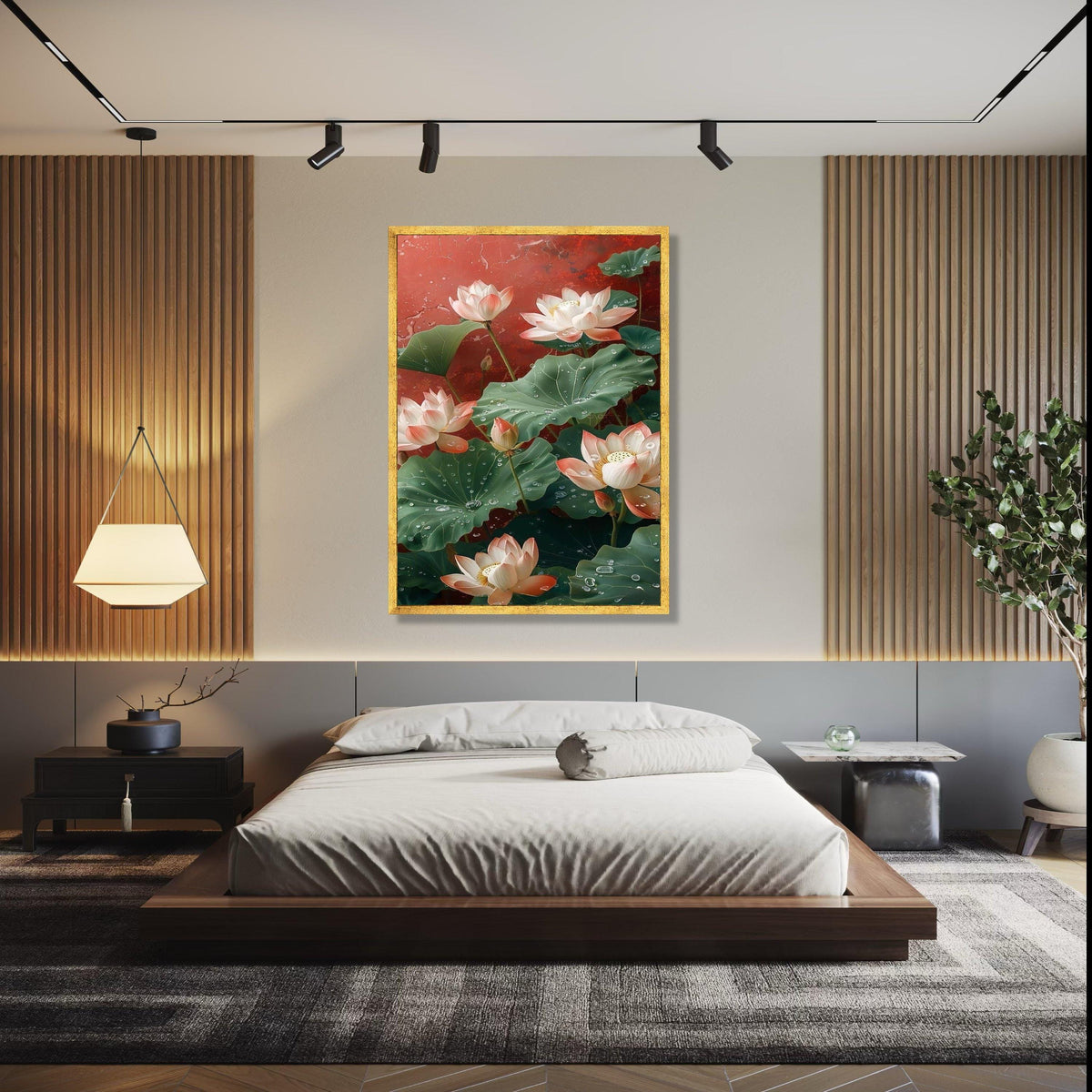 Elegant Lotus Flowers Canvas Wall Art, Water Droplets on Green Leaves, Floral Botanical Painting, Nature Gift Art, Home Decor, Print
