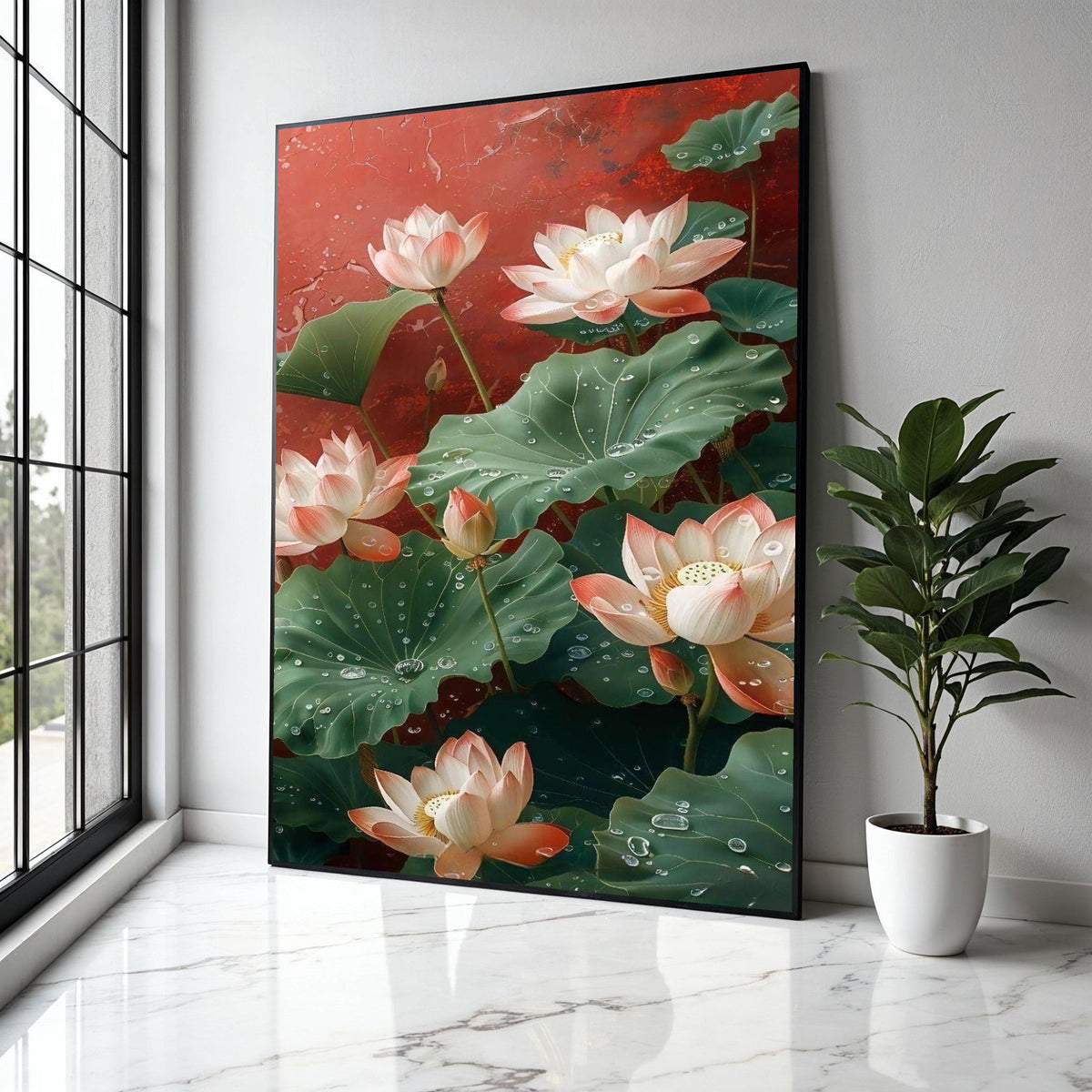 Elegant Lotus Flowers Canvas Wall Art, Water Droplets on Green Leaves, Floral Botanical Painting, Nature Gift Art, Home Decor, Print