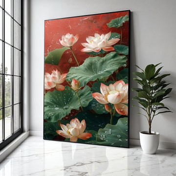 Elegant Lotus Flowers Canvas Wall Art, Water Droplets on Green Leaves, Floral Botanical Painting, Nature Gift Art, Home Decor, Print