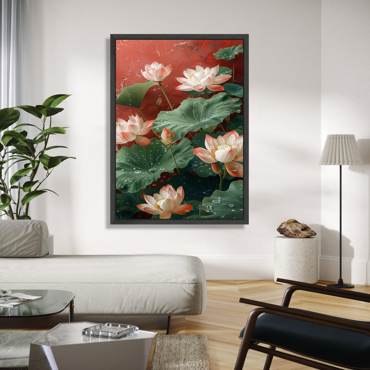 Elegant Lotus Flowers Canvas Wall Art, Water Droplets on Green Leaves, Floral Botanical Painting, Nature Gift Art, Home Decor, Print