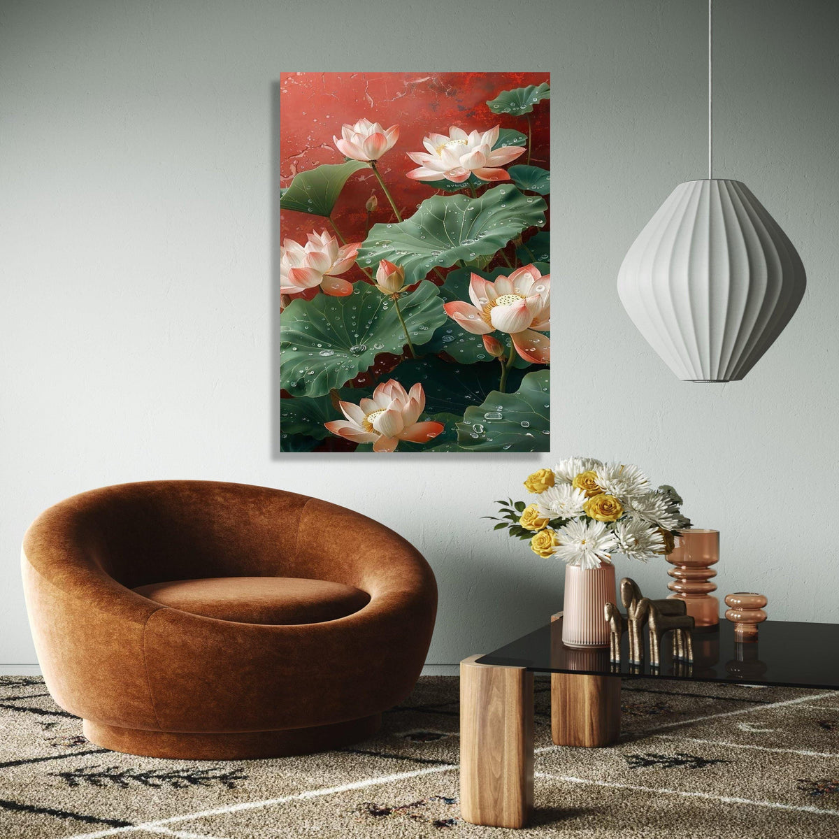 Elegant Lotus Flowers Canvas Wall Art, Water Droplets on Green Leaves, Floral Botanical Painting, Nature Gift Art, Home Decor, Print