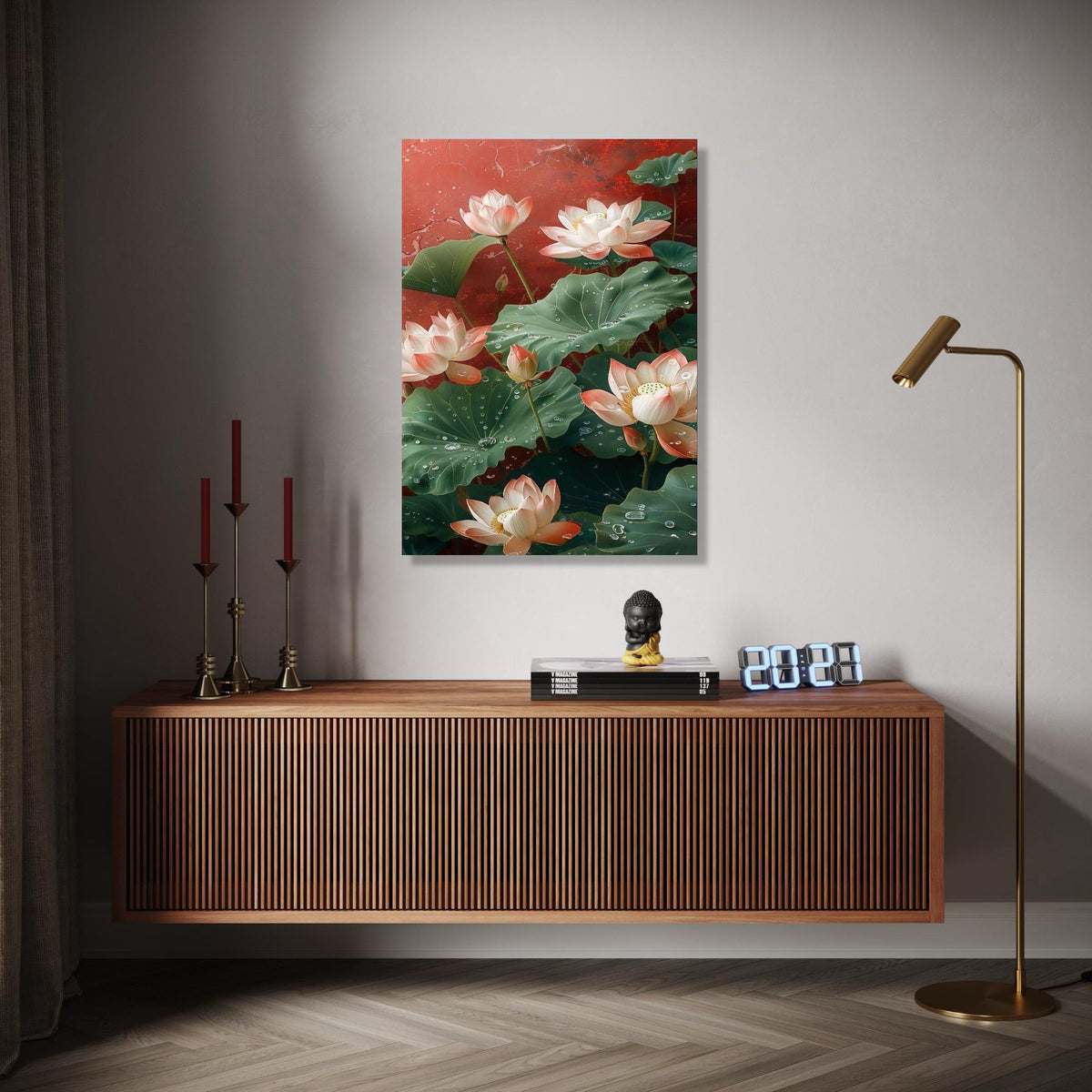 Elegant Lotus Flowers Canvas Wall Art, Water Droplets on Green Leaves, Floral Botanical Painting, Nature Gift Art, Home Decor, Print