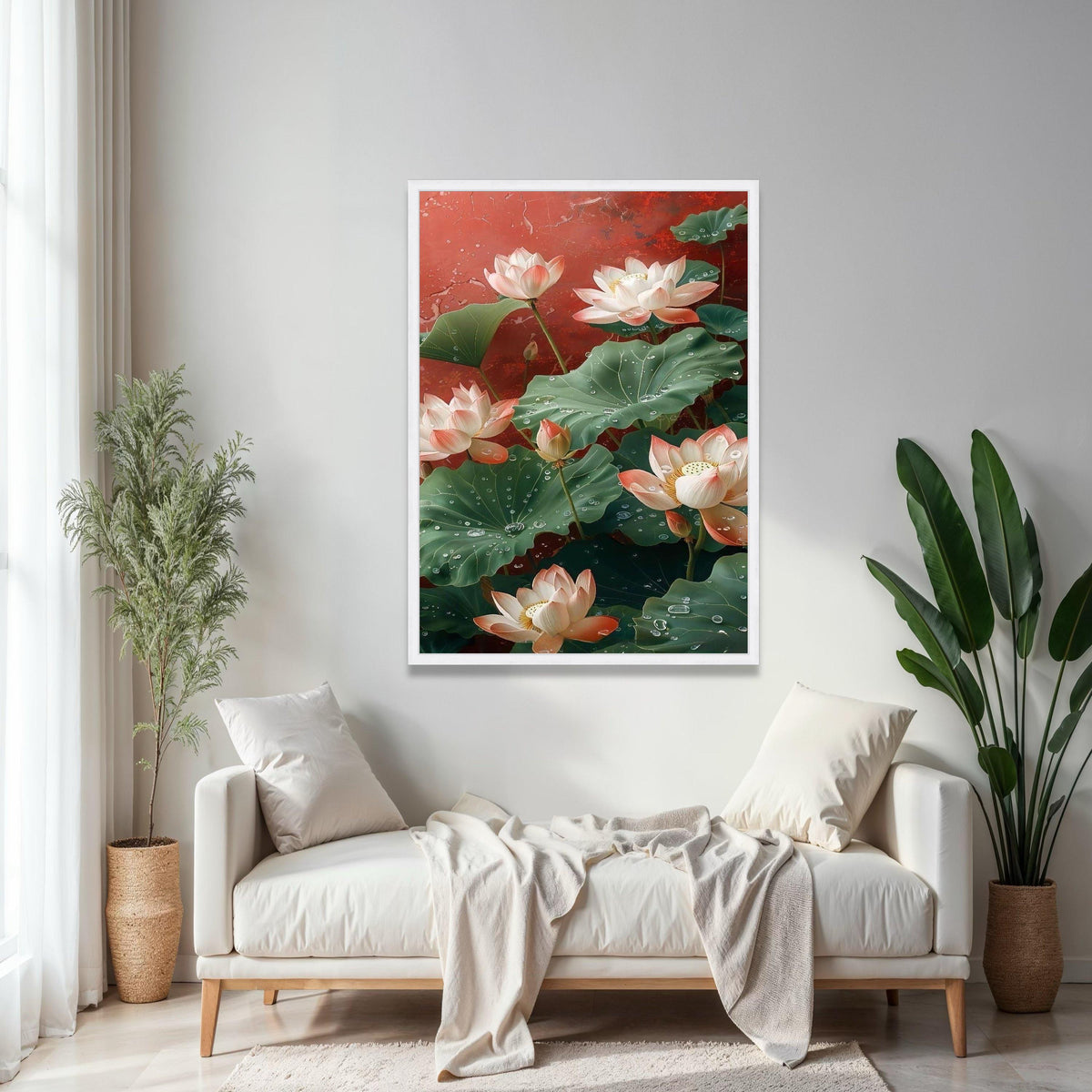 Elegant Lotus Flowers Canvas Wall Art, Water Droplets on Green Leaves, Floral Botanical Painting, Nature Gift Art, Home Decor, Print