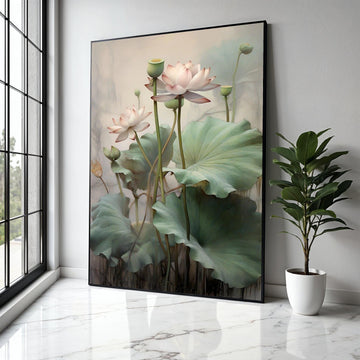 Elegant Lotus Flower Canvas Wall Art, Botanical Floral Painting, Green Leaves Nature Decor, Calm Serenity Gift Art, Home Decor, Print