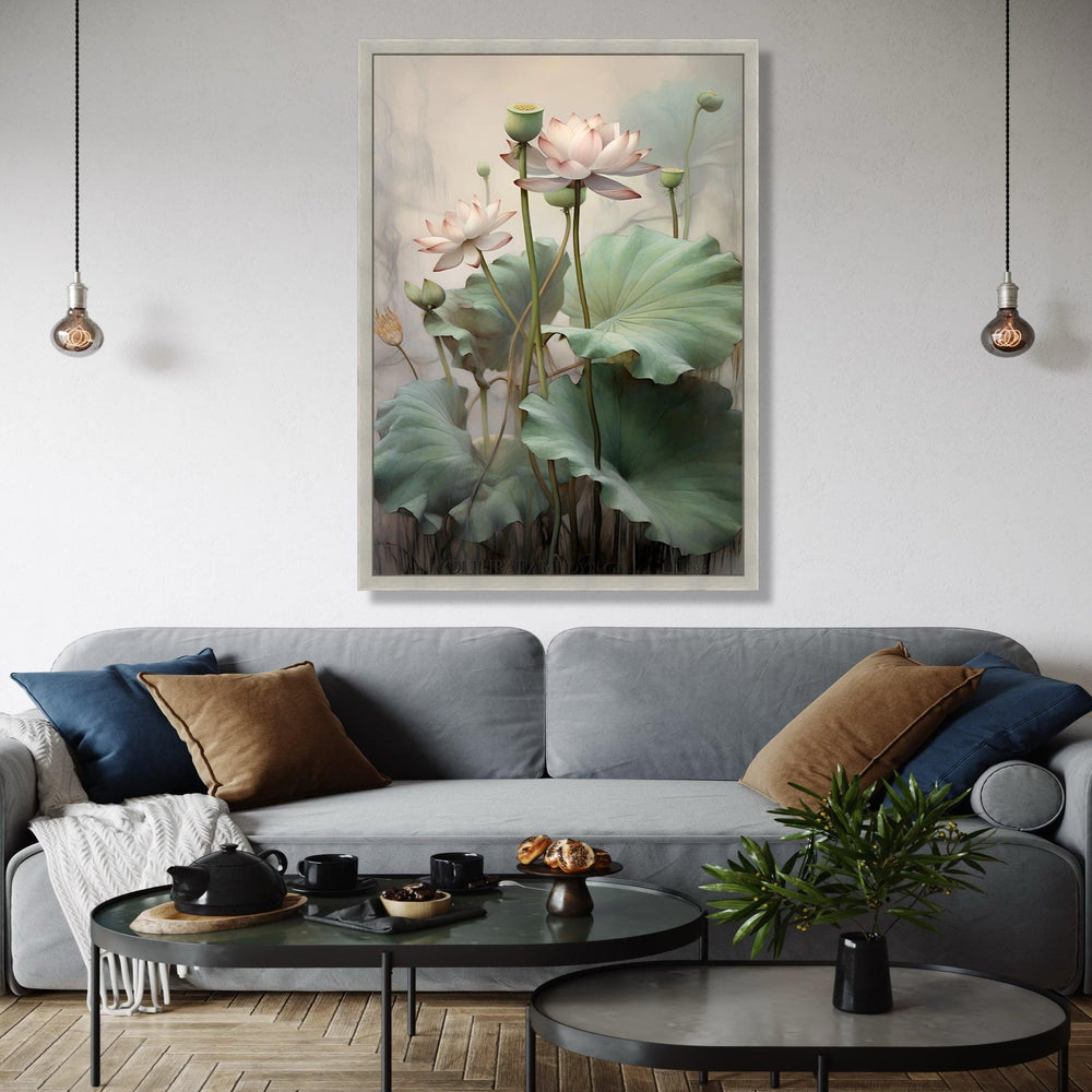 Elegant Lotus Flower Canvas Wall Art, Botanical Floral Painting, Green Leaves Nature Decor, Calm Serenity Gift Art, Home Decor, Print
