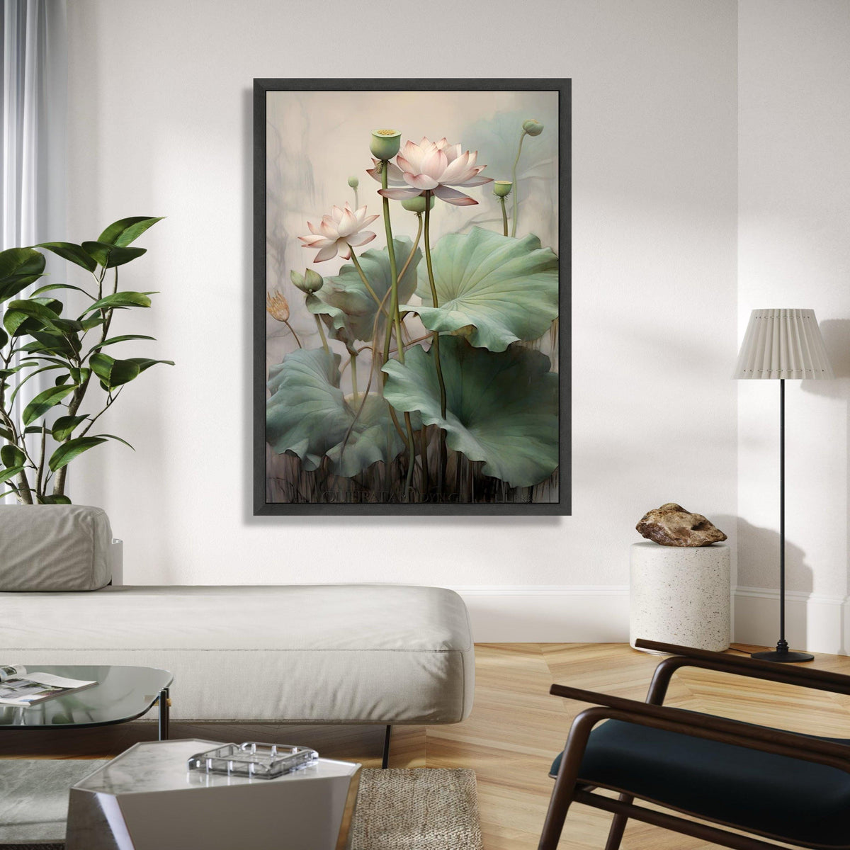Elegant Lotus Flower Canvas Wall Art, Botanical Floral Painting, Green Leaves Nature Decor, Calm Serenity Gift Art, Home Decor, Print