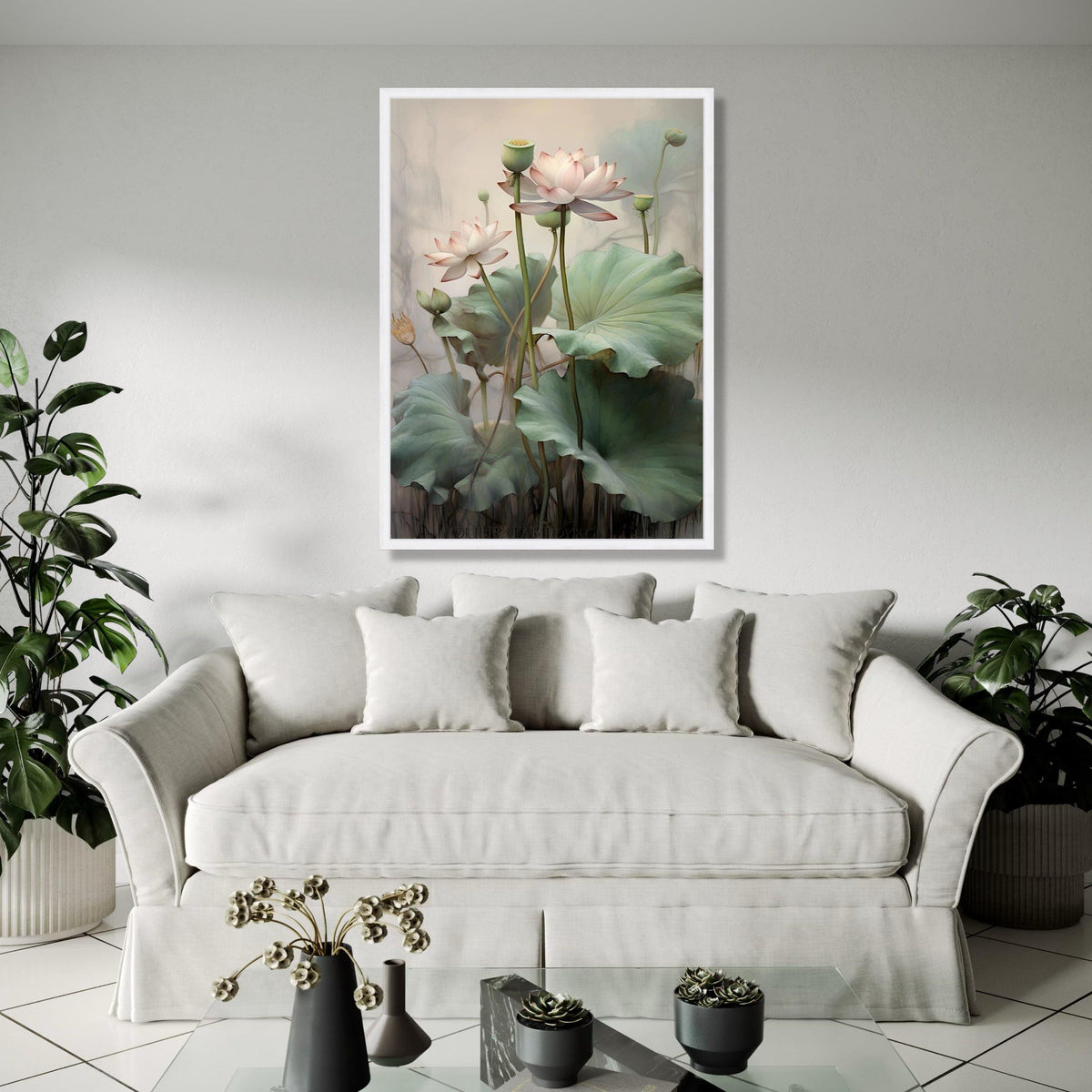 Elegant Lotus Flower Canvas Wall Art, Botanical Floral Painting, Green Leaves Nature Decor, Calm Serenity Gift Art, Home Decor, Print