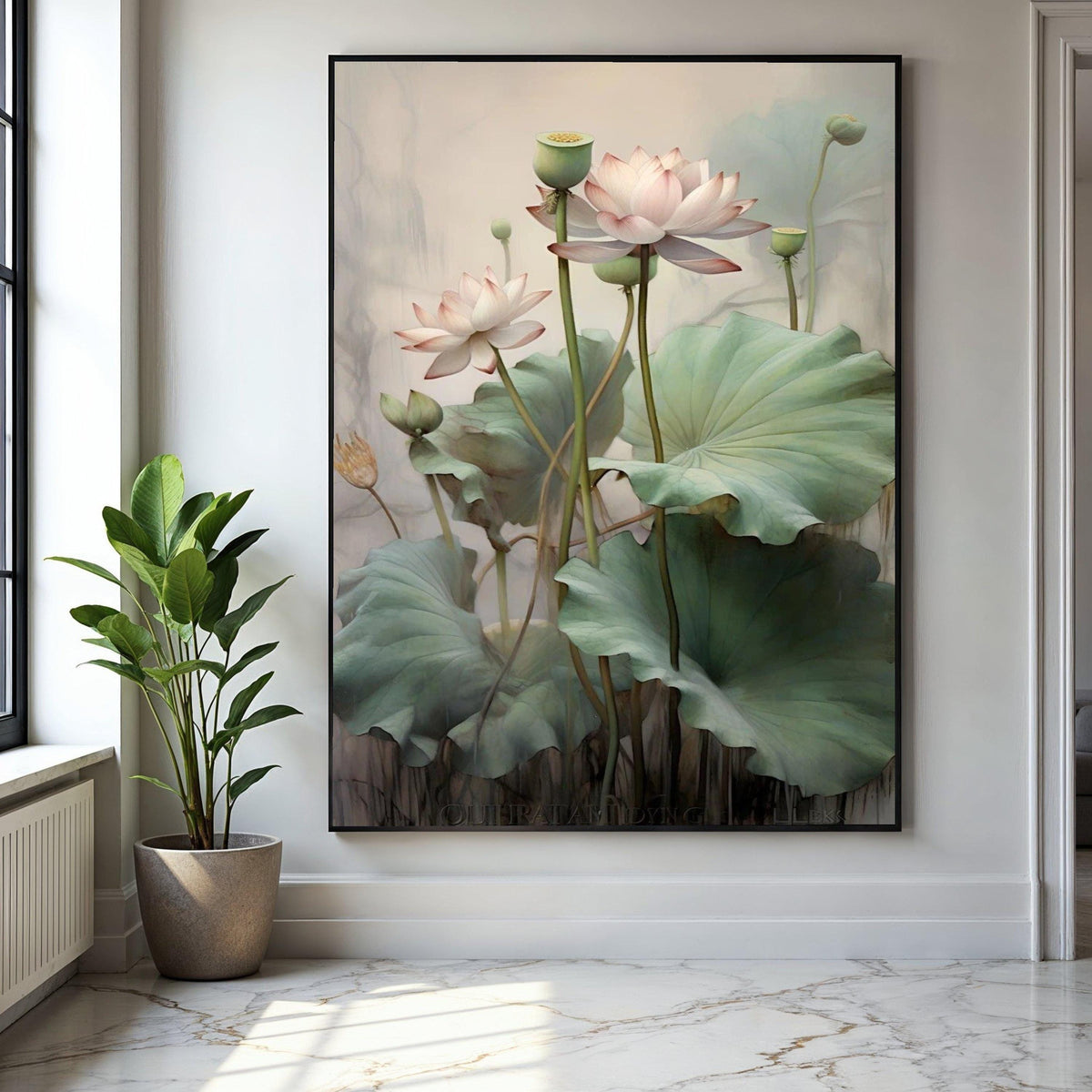 Elegant Lotus Flower Canvas Wall Art, Botanical Floral Painting, Green Leaves Nature Decor, Calm Serenity Gift Art, Home Decor, Print