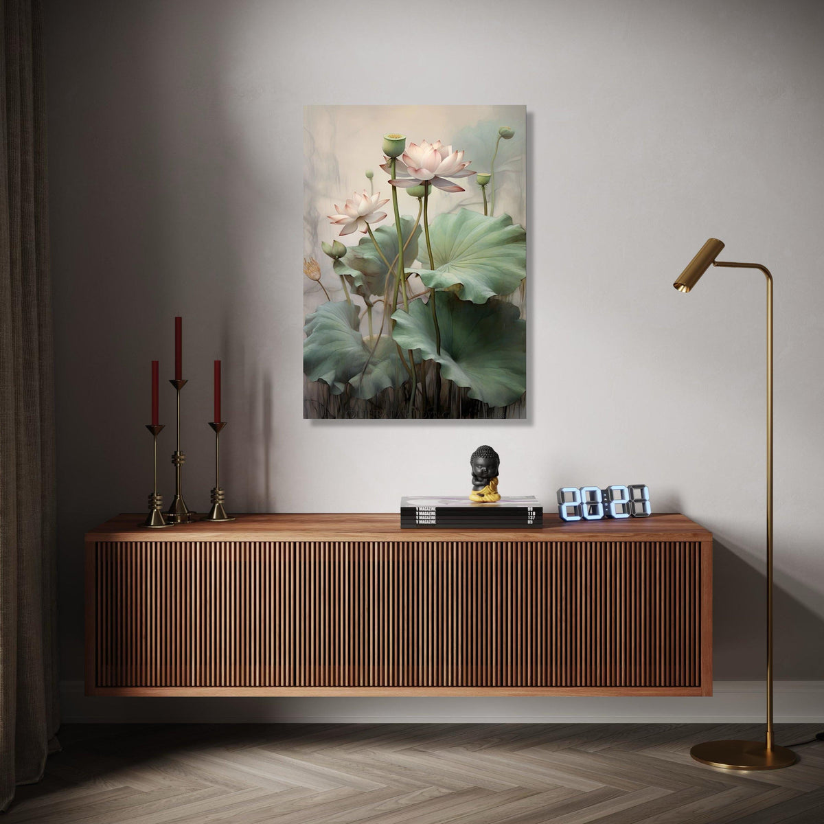 Elegant Lotus Flower Canvas Wall Art, Botanical Floral Painting, Green Leaves Nature Decor, Calm Serenity Gift Art, Home Decor, Print