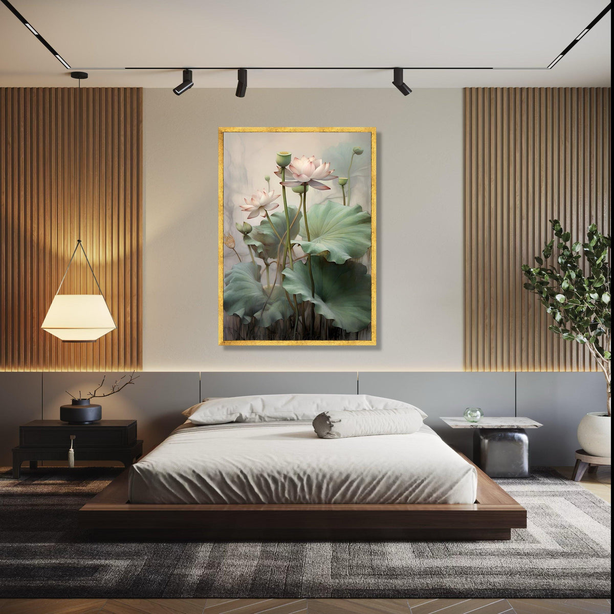 Elegant Lotus Flower Canvas Wall Art, Botanical Floral Painting, Green Leaves Nature Decor, Calm Serenity Gift Art, Home Decor, Print