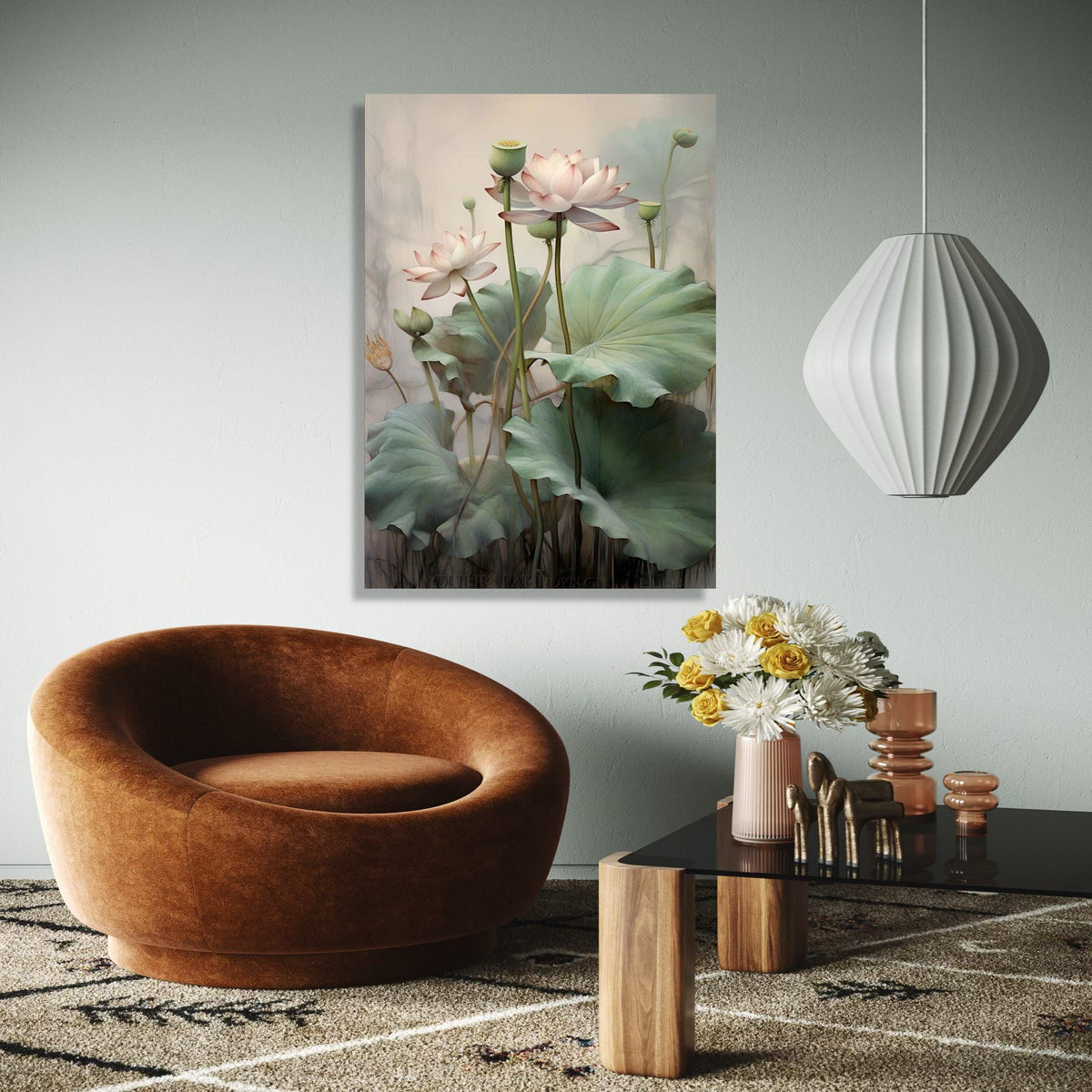 Elegant Lotus Flower Canvas Wall Art, Botanical Floral Painting, Green Leaves Nature Decor, Calm Serenity Gift Art, Home Decor, Print