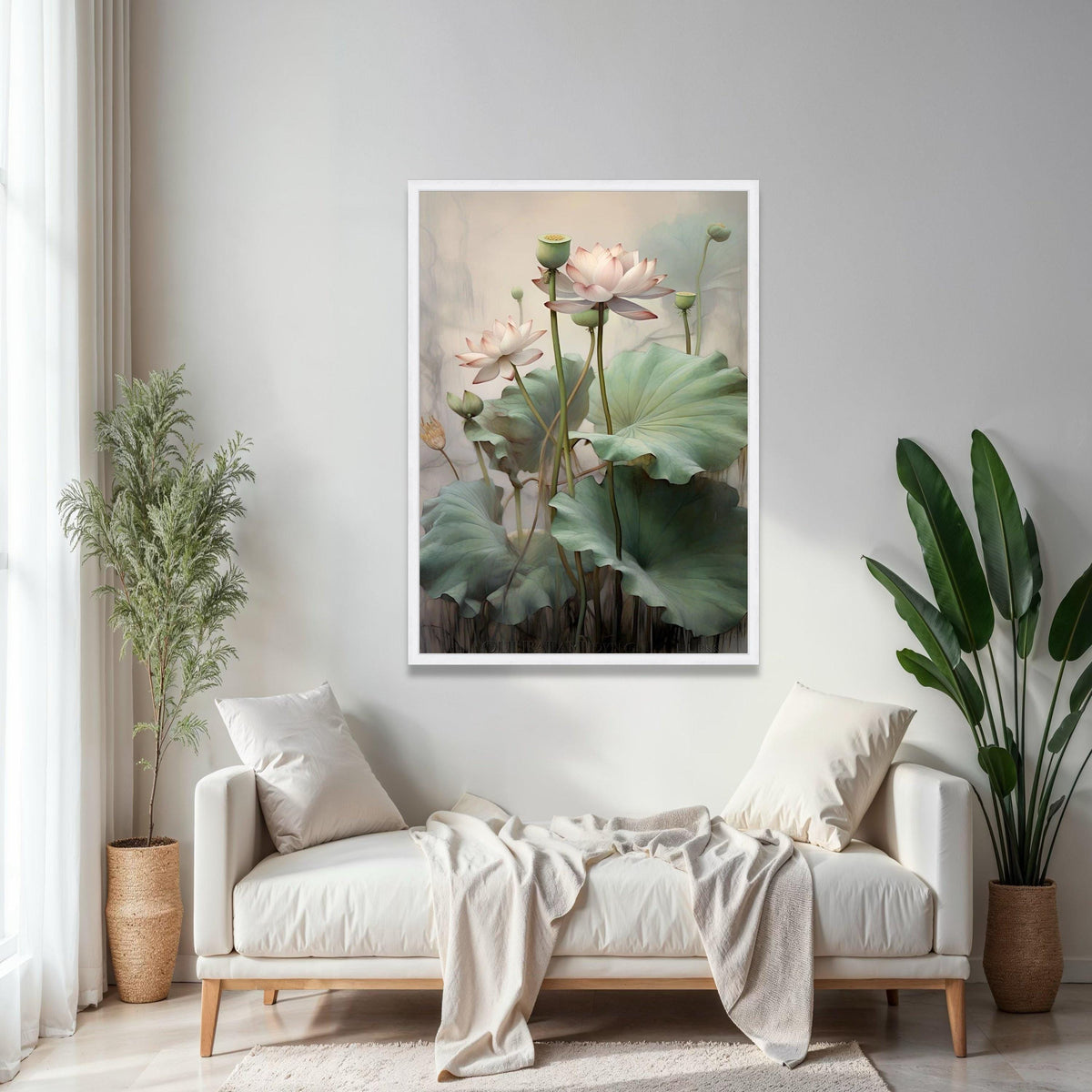 Elegant Lotus Flower Canvas Wall Art, Botanical Floral Painting, Green Leaves Nature Decor, Calm Serenity Gift Art, Home Decor, Print