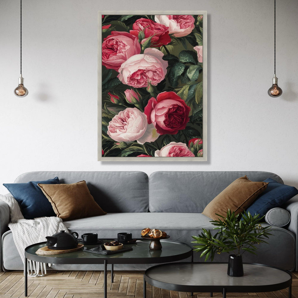 Romantic Red and Pink Roses Canvas Wall Art, Floral Bouquet Painting, Dewy Garden Flowers Canvas, Elegant Nature Gift Art, Home Decor, Print