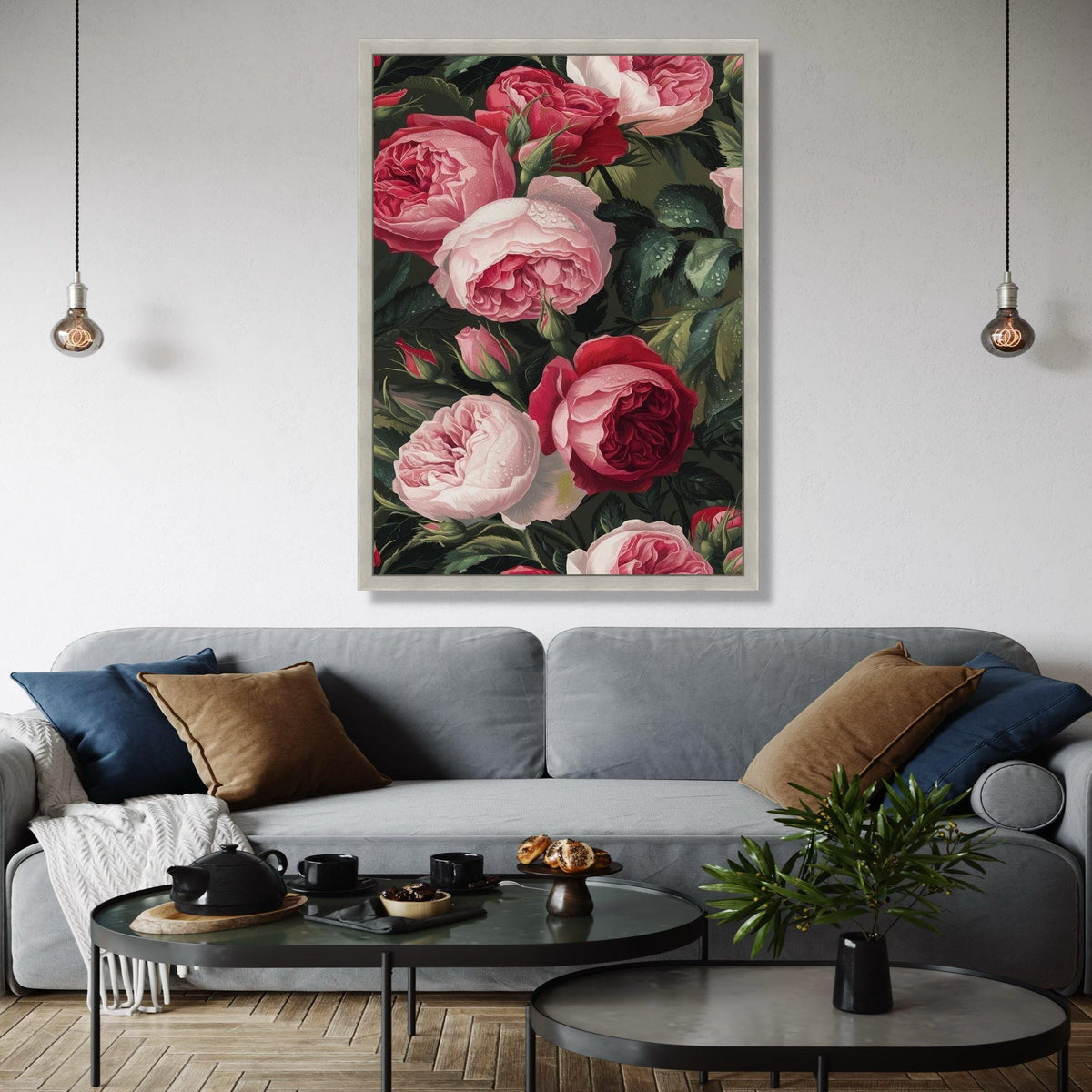 Romantic Red and Pink Roses Canvas Wall Art, Floral Bouquet Painting, Dewy Garden Flowers Canvas, Elegant Nature Gift Art, Home Decor, Print