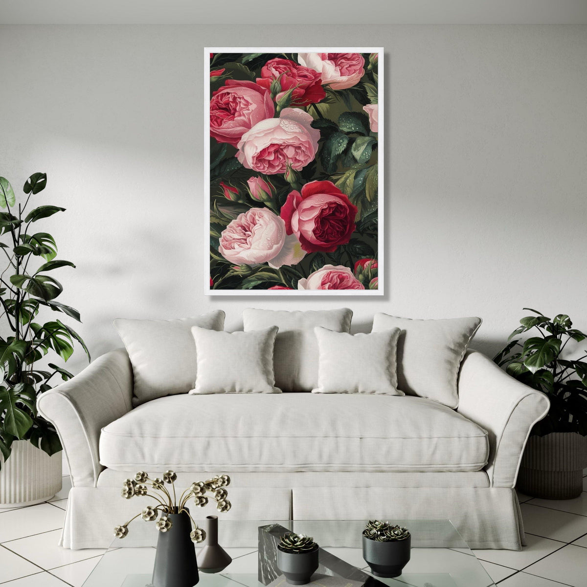 Romantic Red and Pink Roses Canvas Wall Art, Floral Bouquet Painting, Dewy Garden Flowers Canvas, Elegant Nature Gift Art, Home Decor, Print