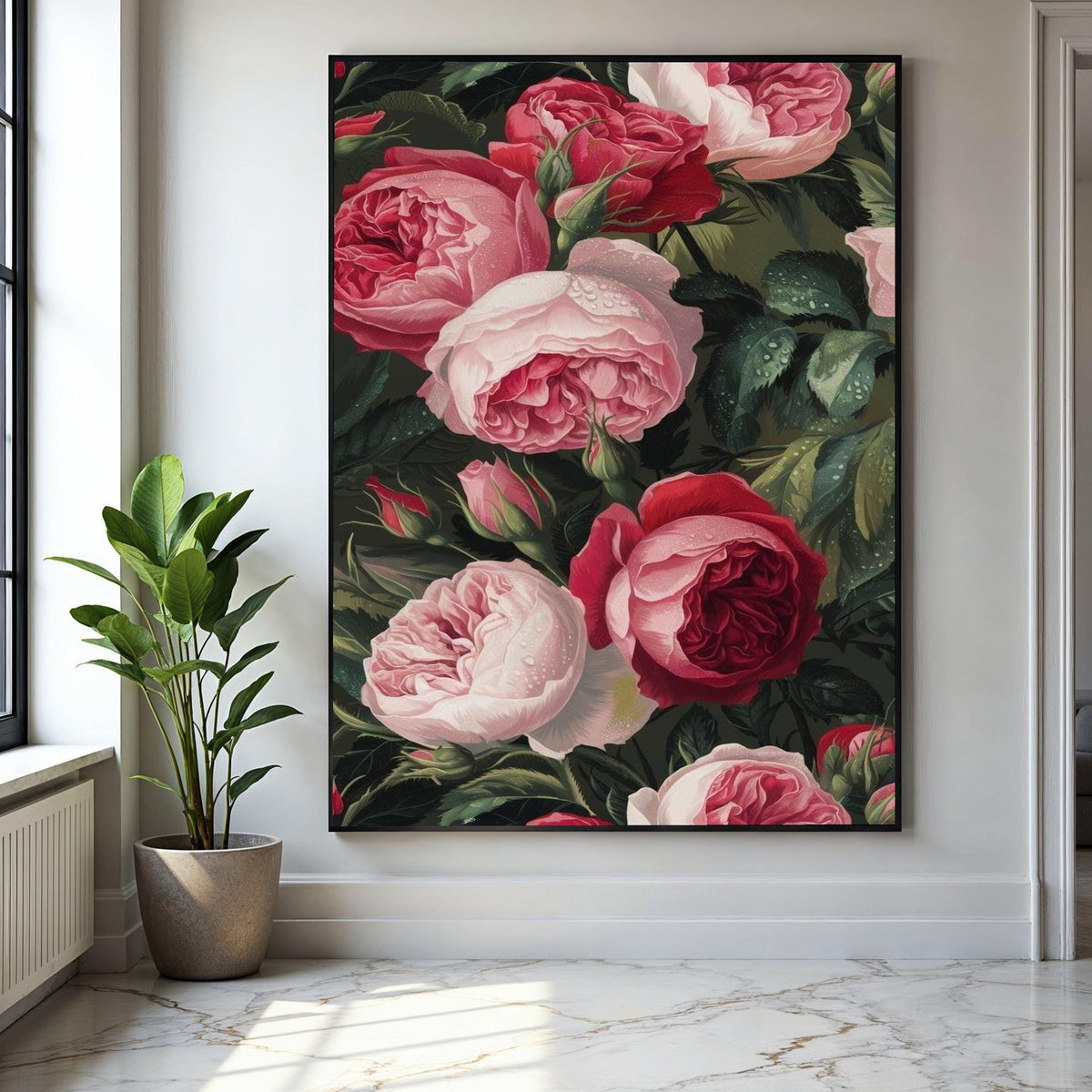 Romantic Red and Pink Roses Canvas Wall Art, Floral Bouquet Painting, Dewy Garden Flowers Canvas, Elegant Nature Gift Art, Home Decor, Print