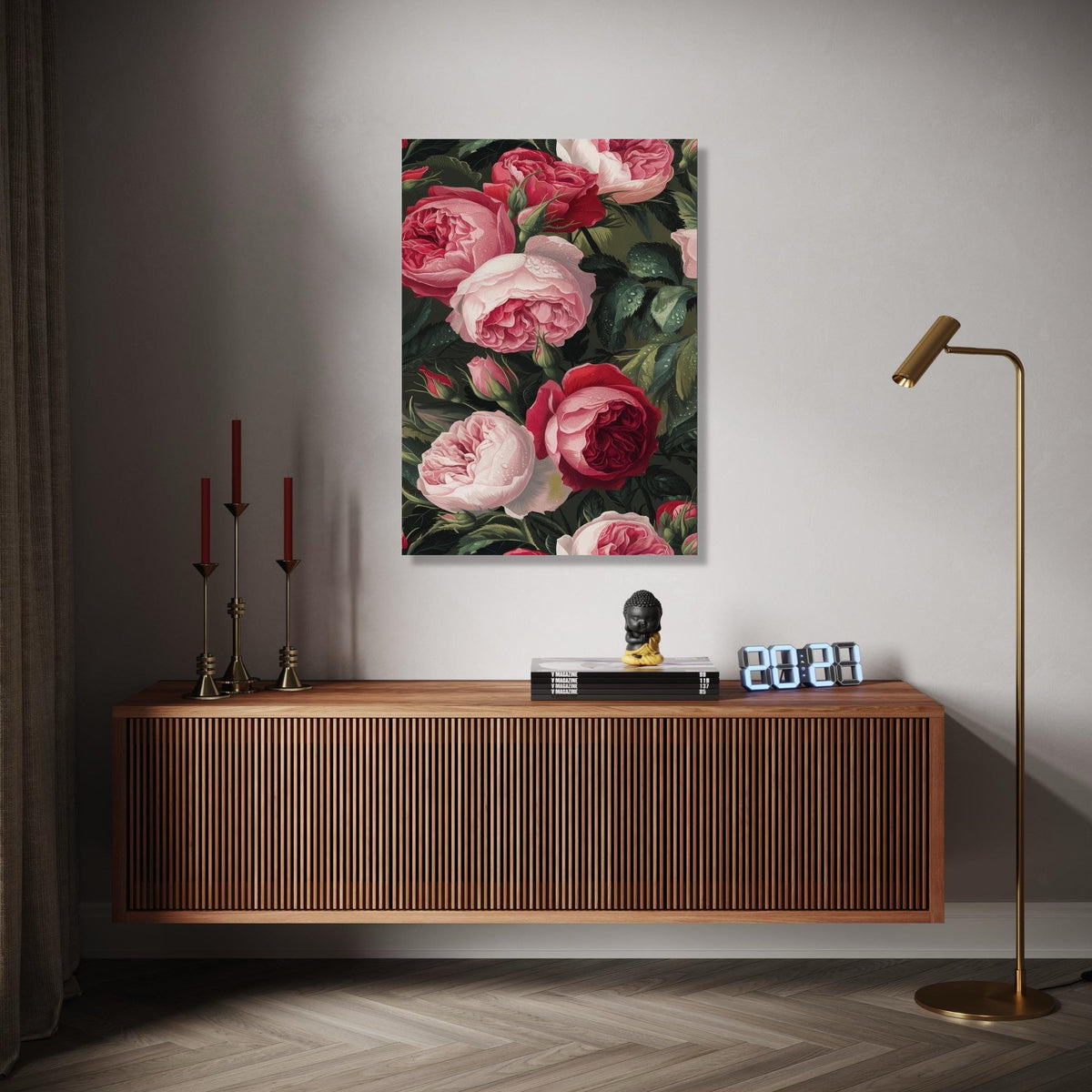 Romantic Red and Pink Roses Canvas Wall Art, Floral Bouquet Painting, Dewy Garden Flowers Canvas, Elegant Nature Gift Art, Home Decor, Print
