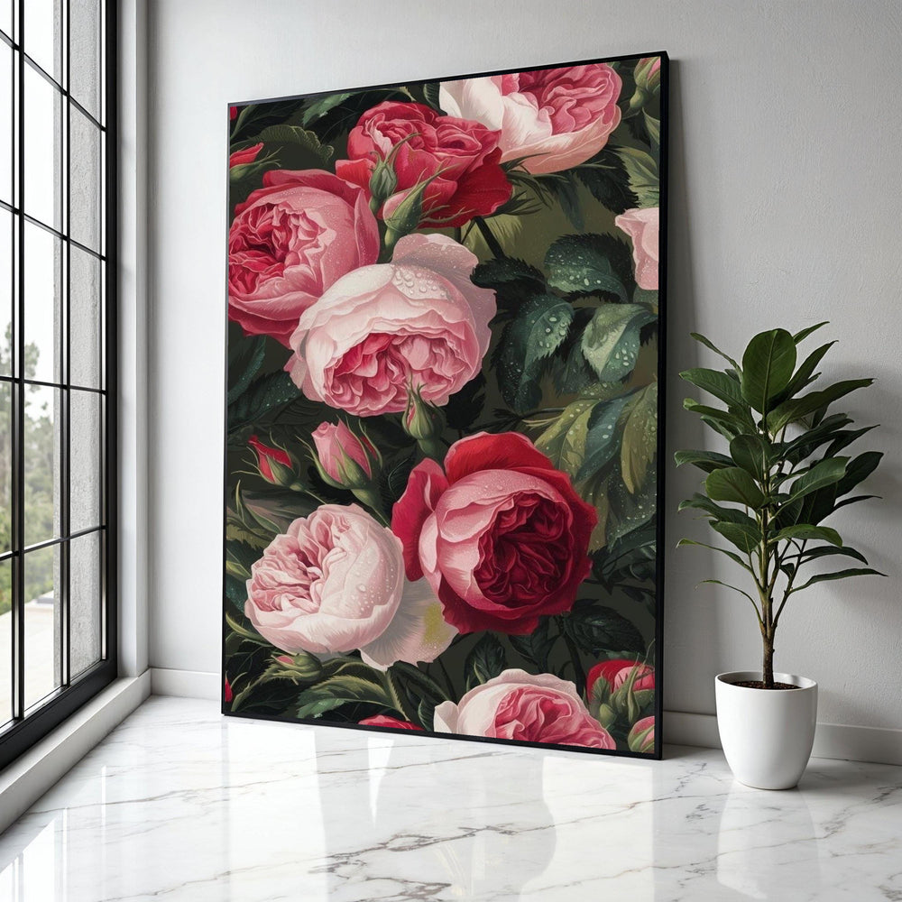 Romantic Red and Pink Roses Canvas Wall Art, Floral Bouquet Painting, Dewy Garden Flowers Canvas, Elegant Nature Gift Art, Home Decor, Print