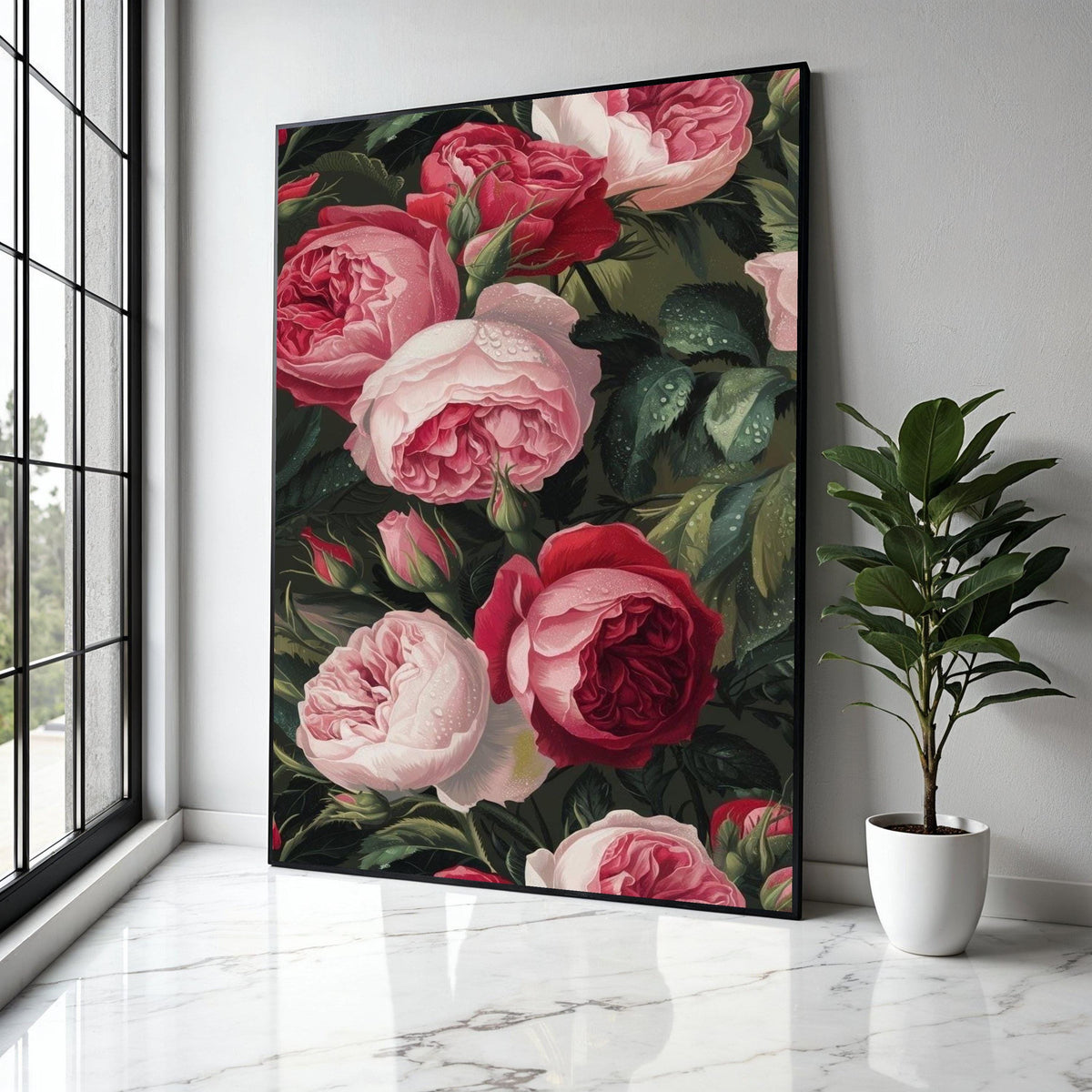 Romantic Red and Pink Roses Canvas Wall Art, Floral Bouquet Painting, Dewy Garden Flowers Canvas, Elegant Nature Gift Art, Home Decor, Print